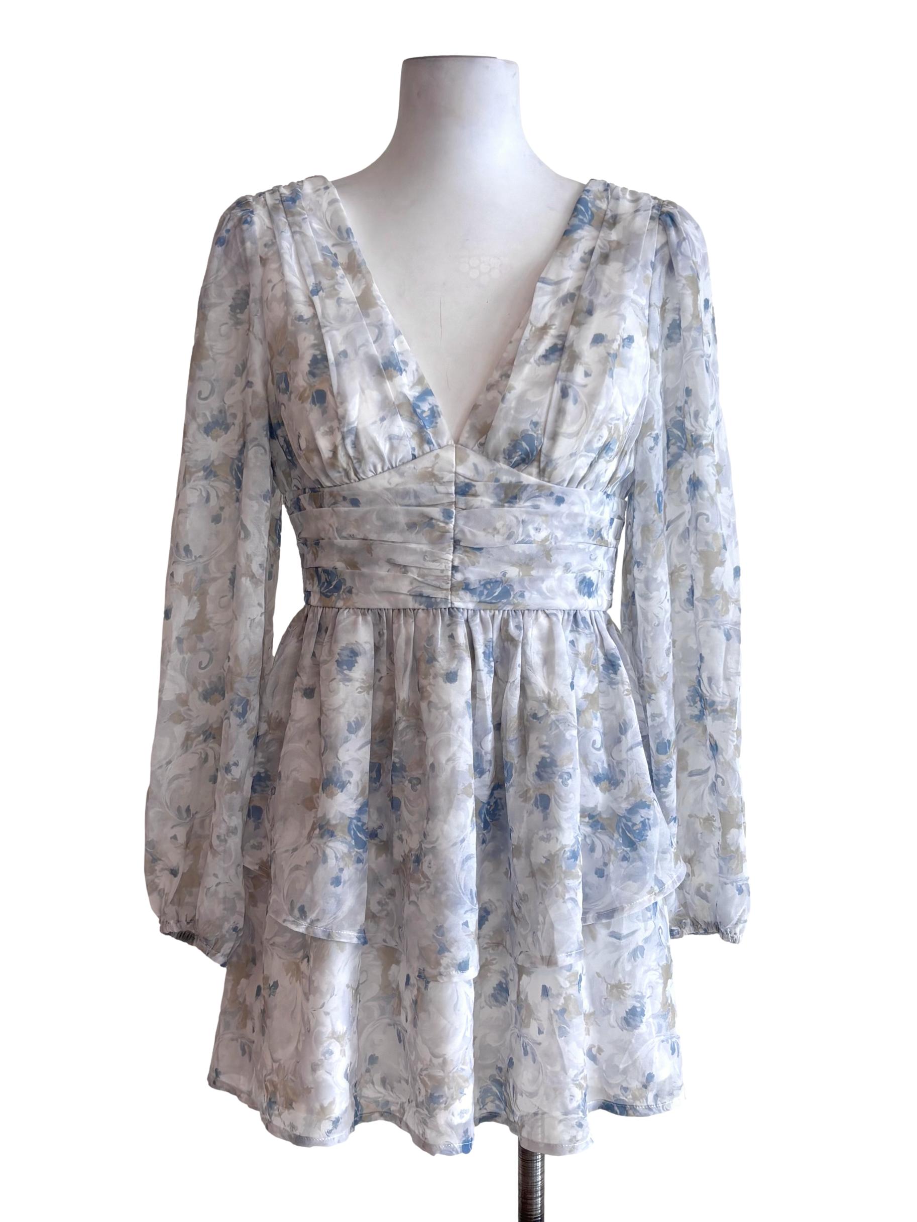 Soft Blue Fia Floral V-Neck Dress