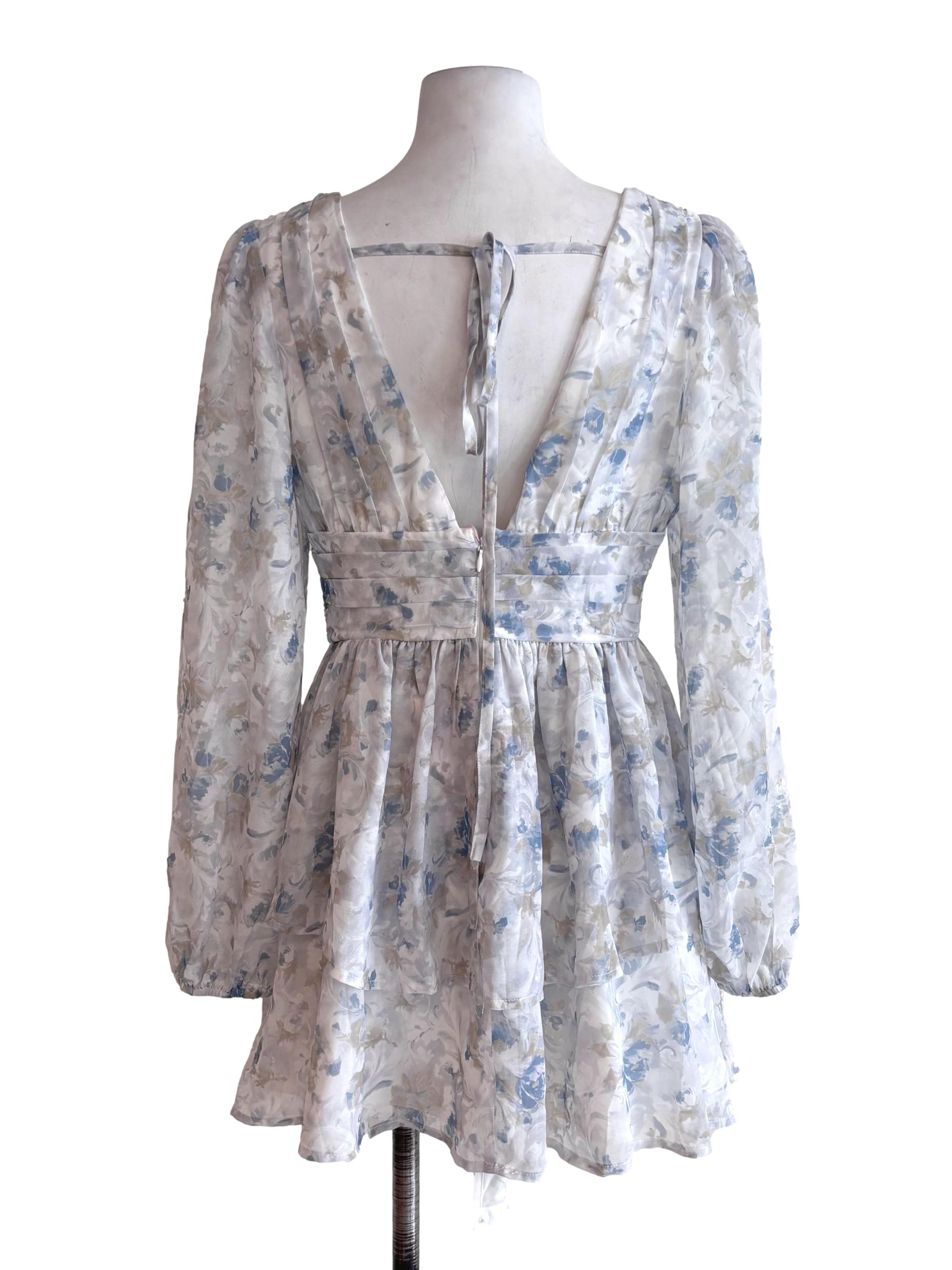 Soft Blue Fia Floral V-Neck Dress