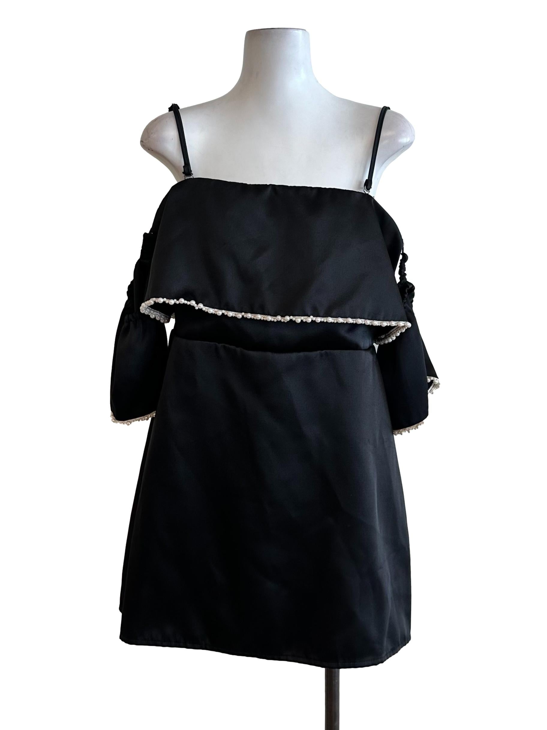 Rich Black Cape Pearl Square Neck Off Shoulder Dress