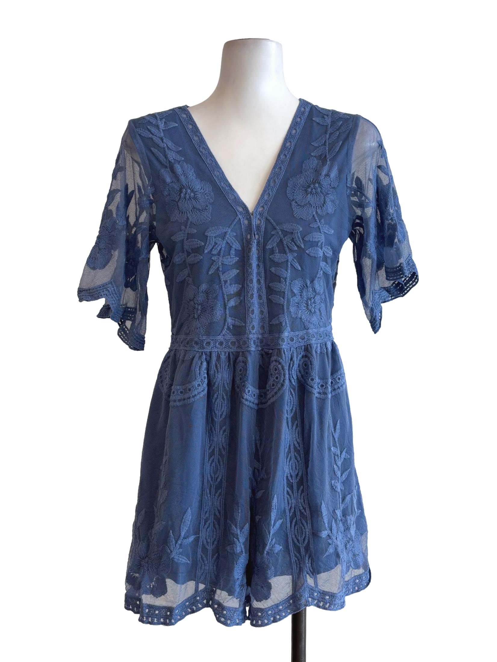 Lapis Blue Floral Lace Rompers
