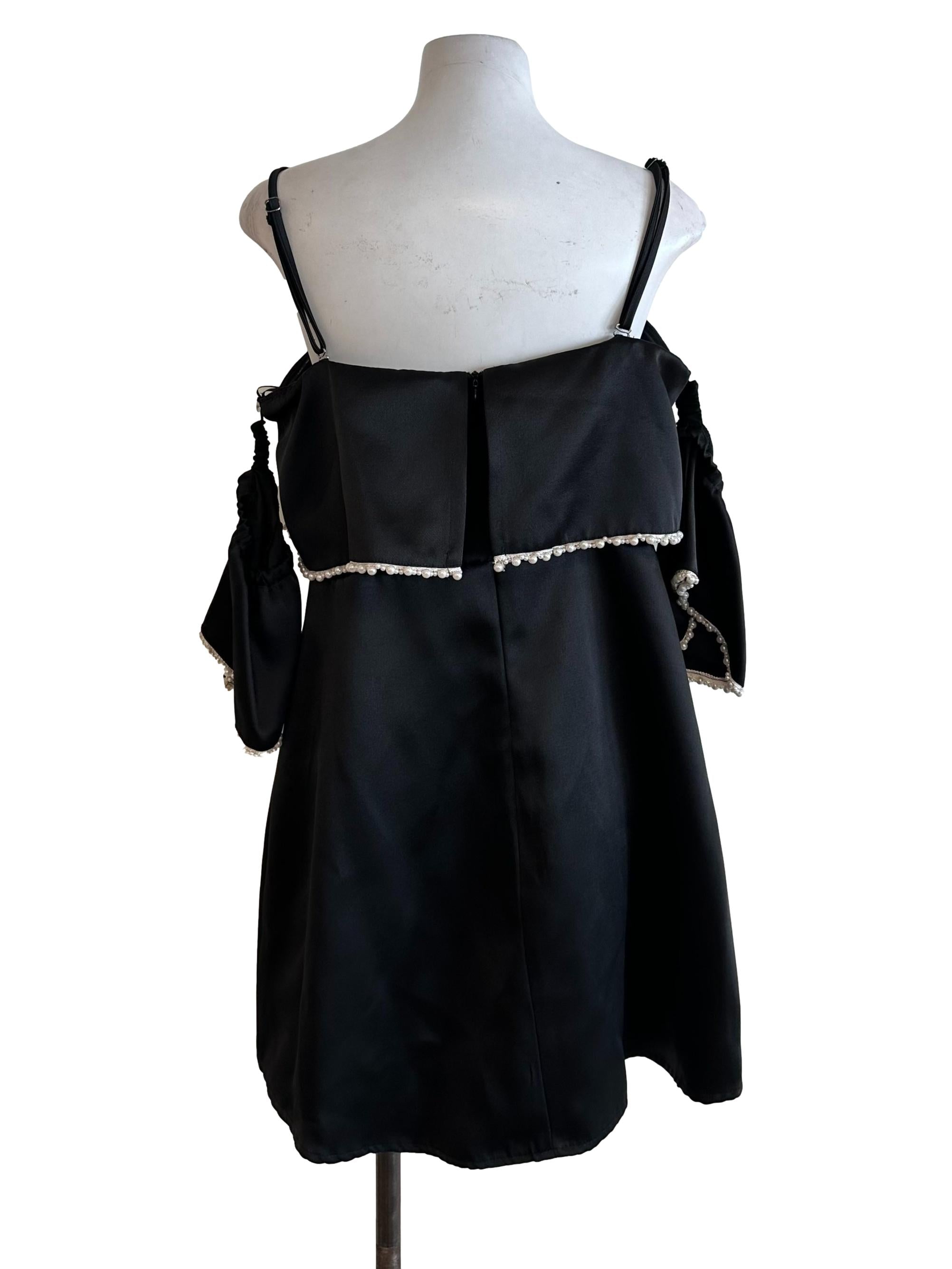 Rich Black Cape Pearl Square Neck Off Shoulder Dress