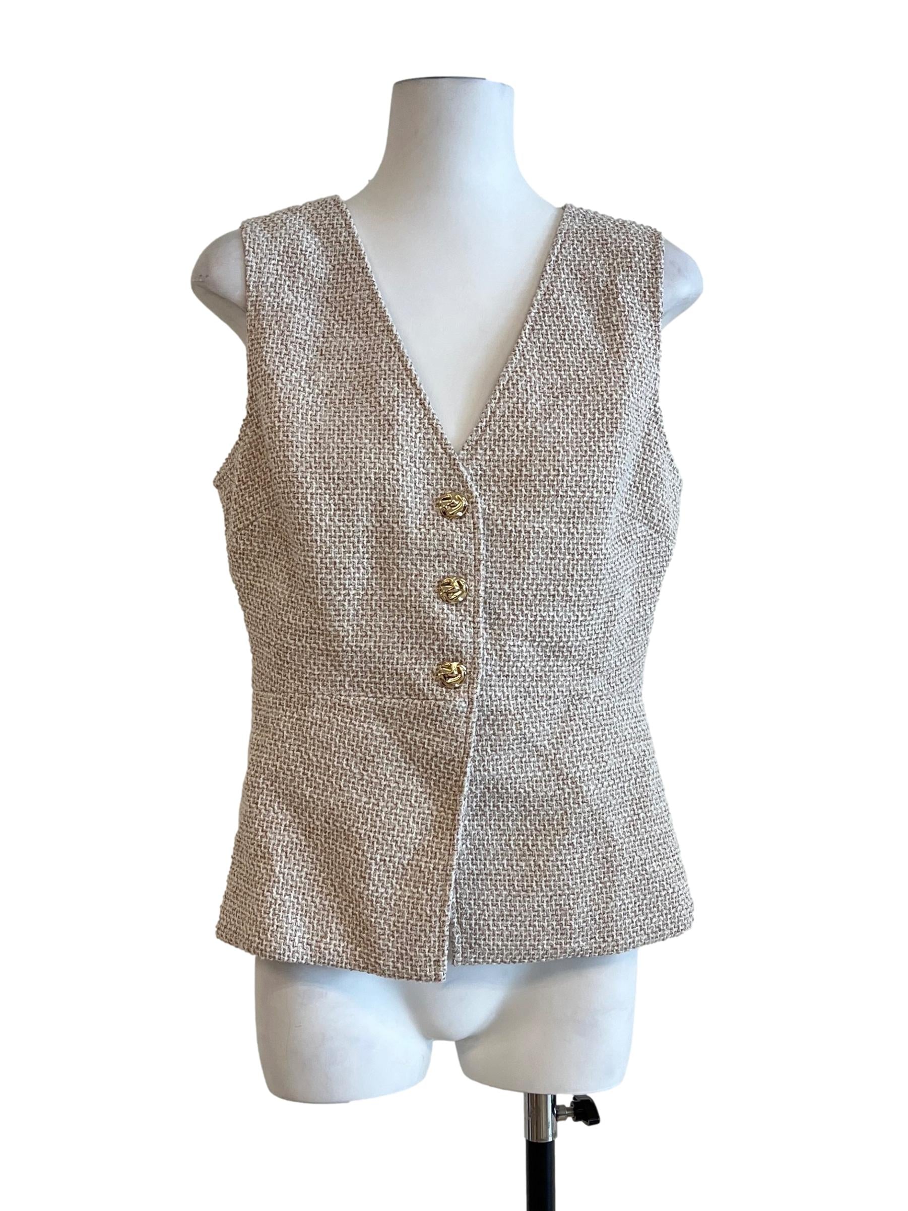 Bone White V-Neck Tweed Vest
