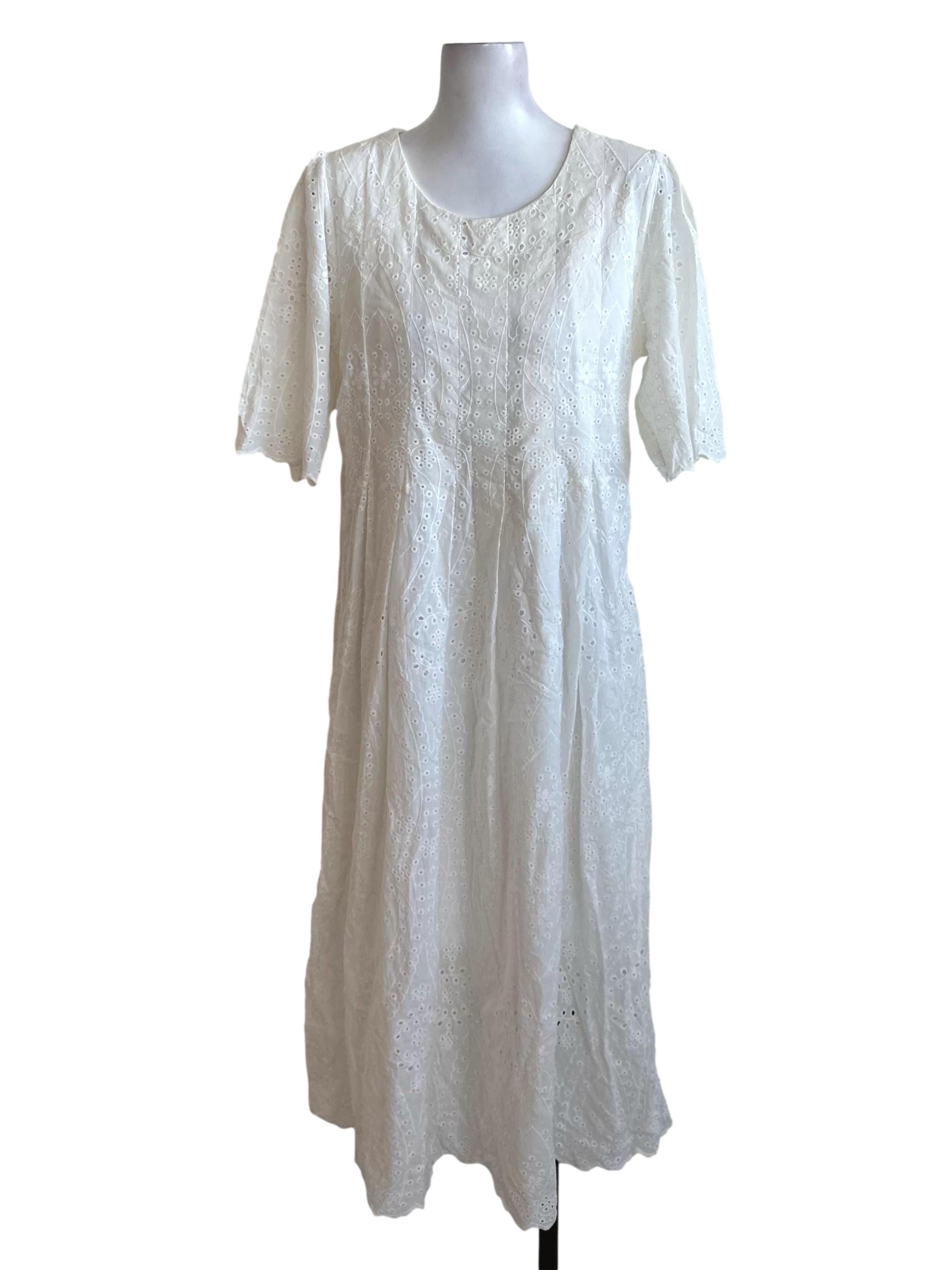 Pearl White Eyelet Embroidery Textured Dress