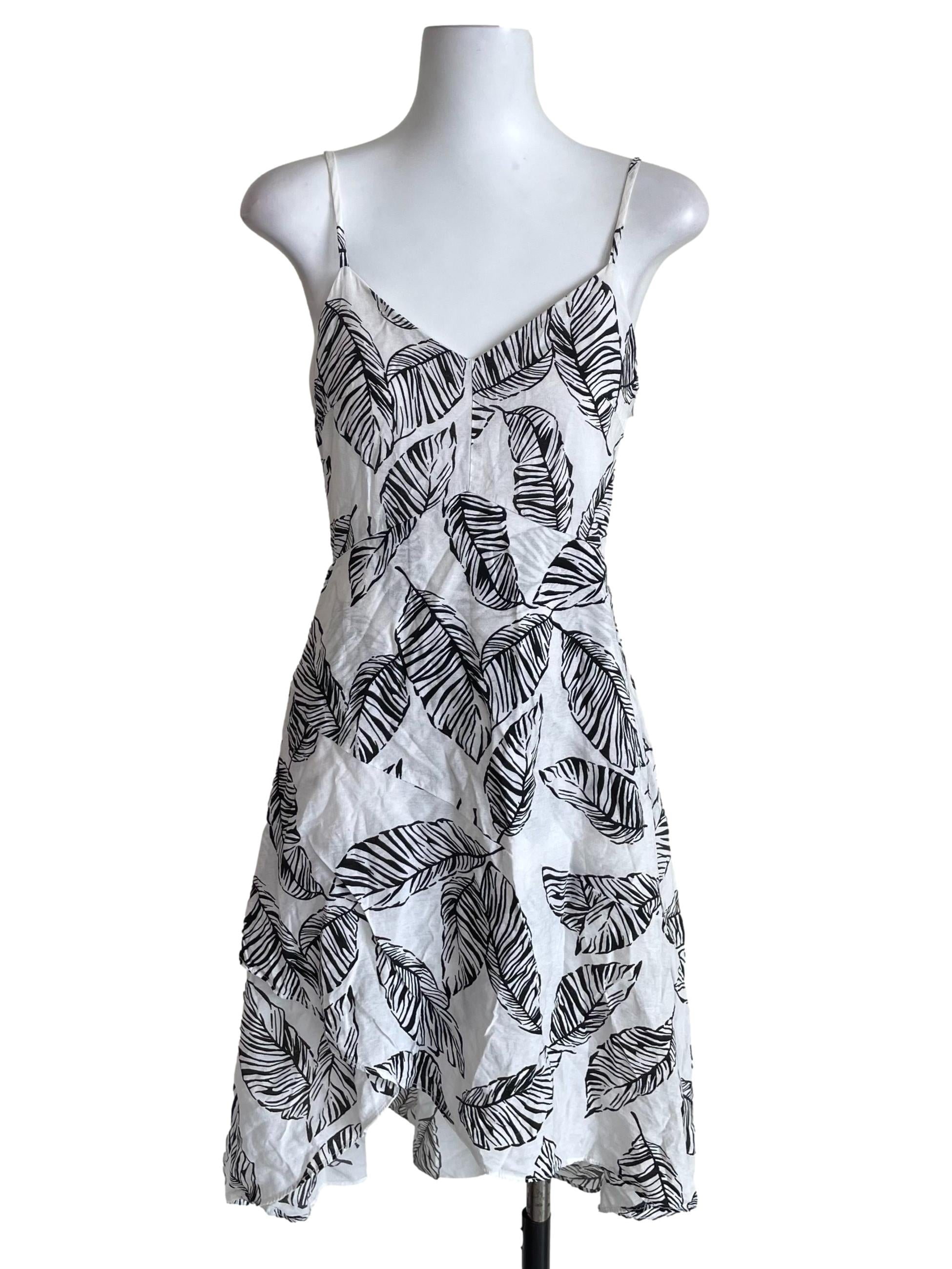 White & Black Leaves Print Cami Dress