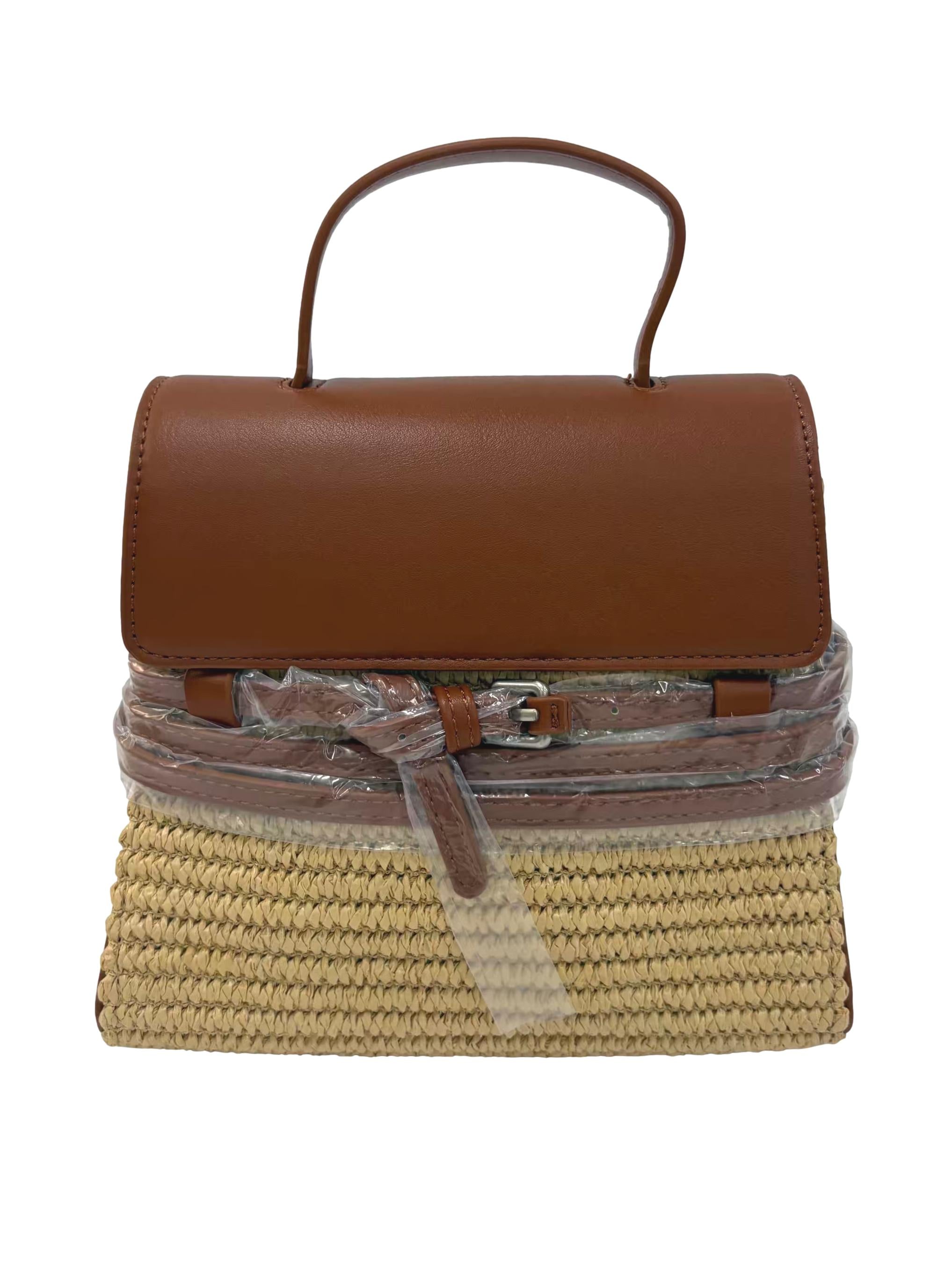 Brown Woven Straw Wrap-Around Buckle Crossbody Bag