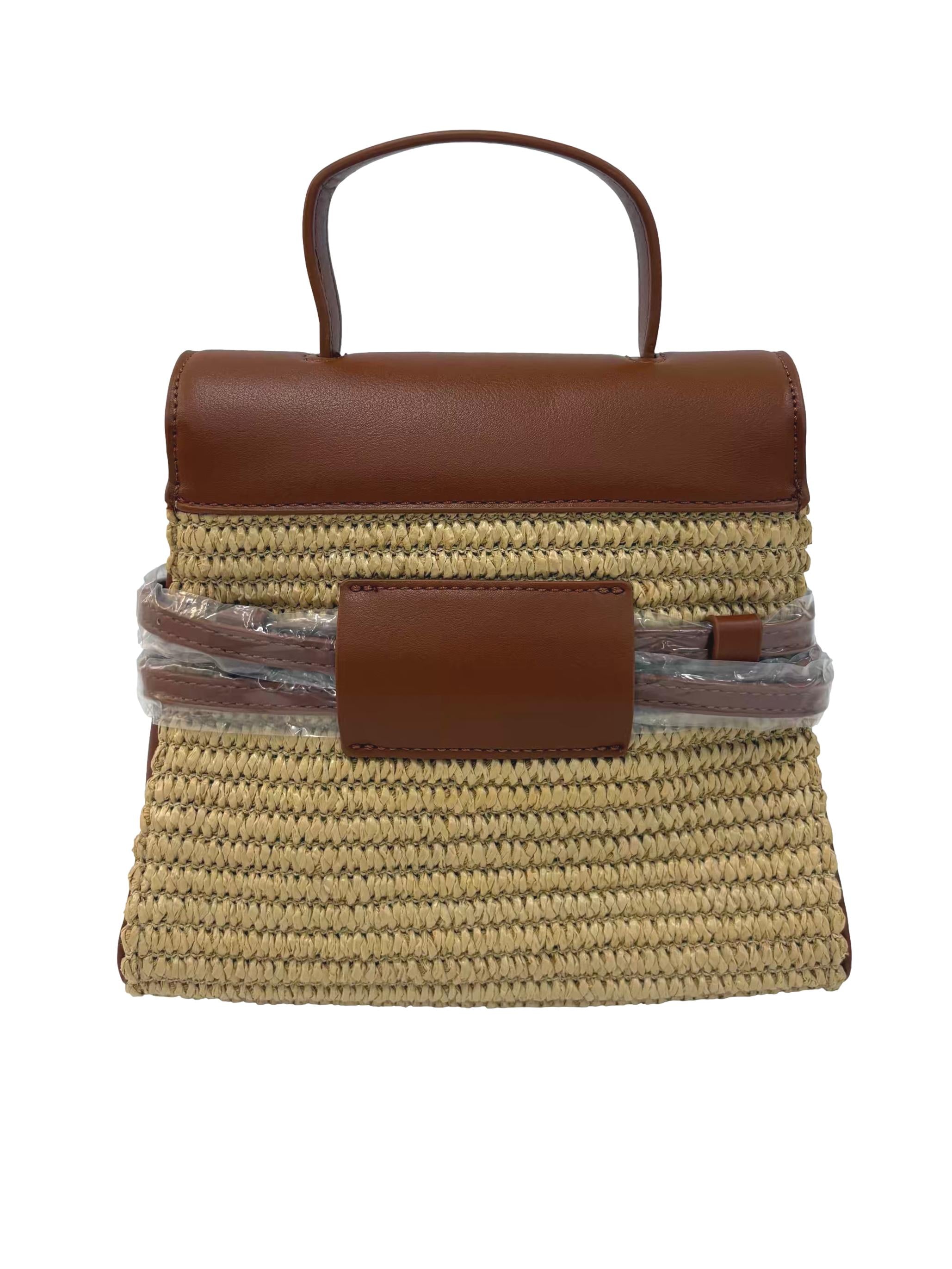Brown Woven Straw Wrap-Around Buckle Crossbody Bag