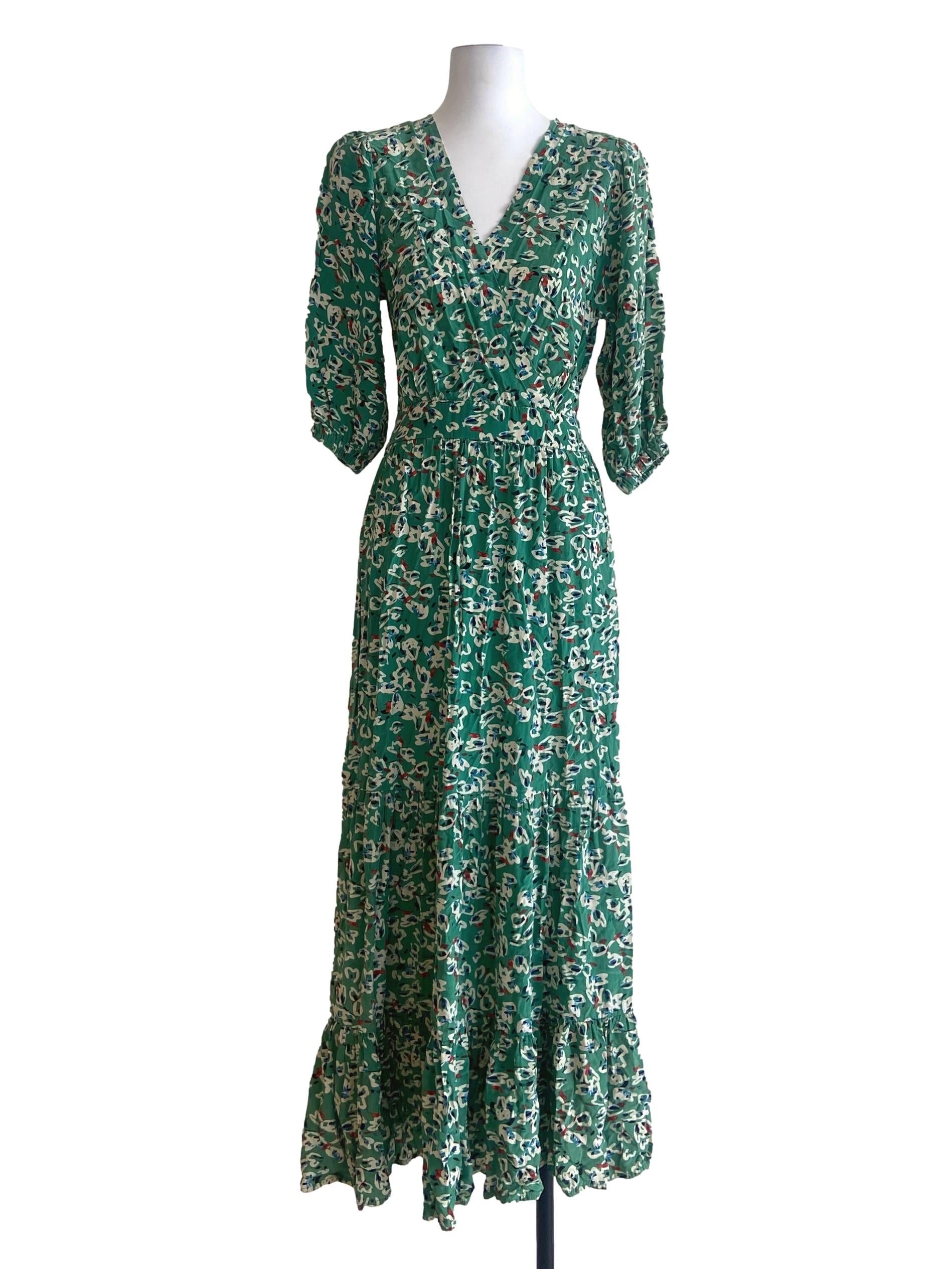 Green & Floral V-Neck Layered Empire Dress