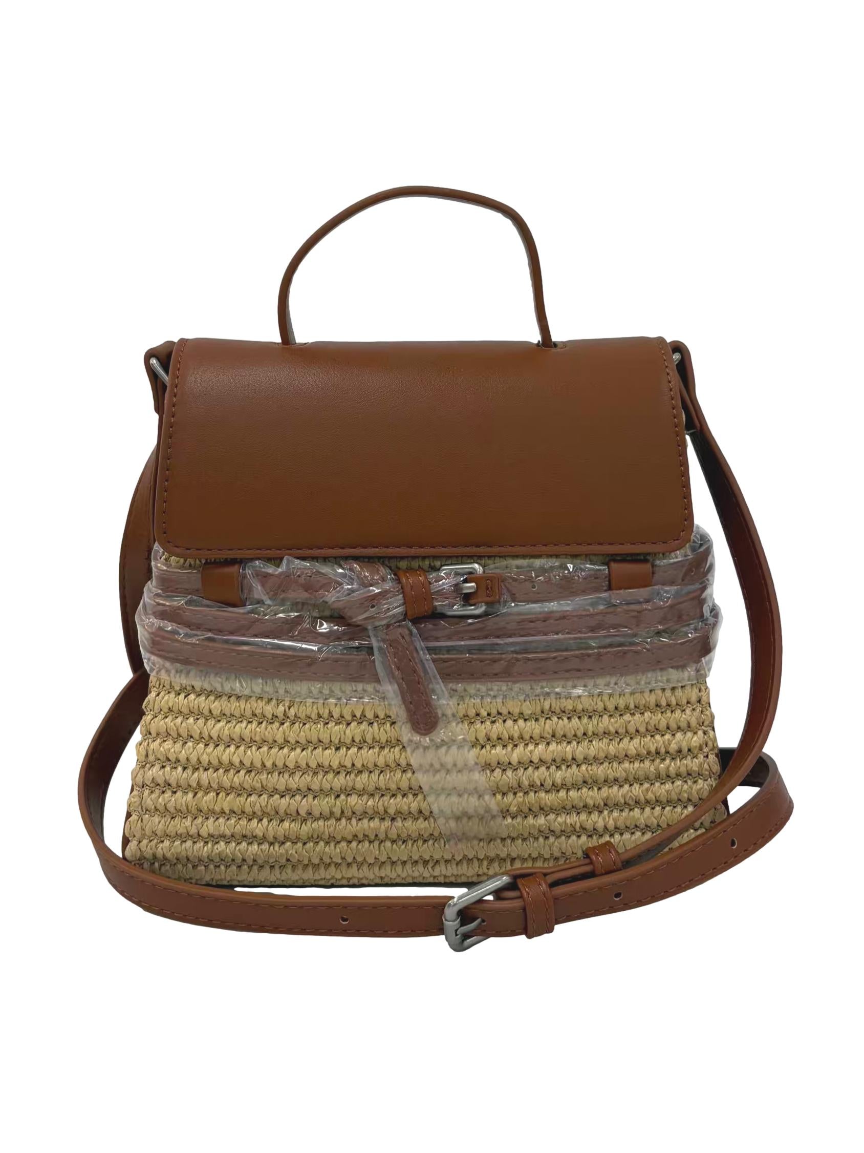 Brown Woven Straw Wrap-Around Buckle Crossbody Bag
