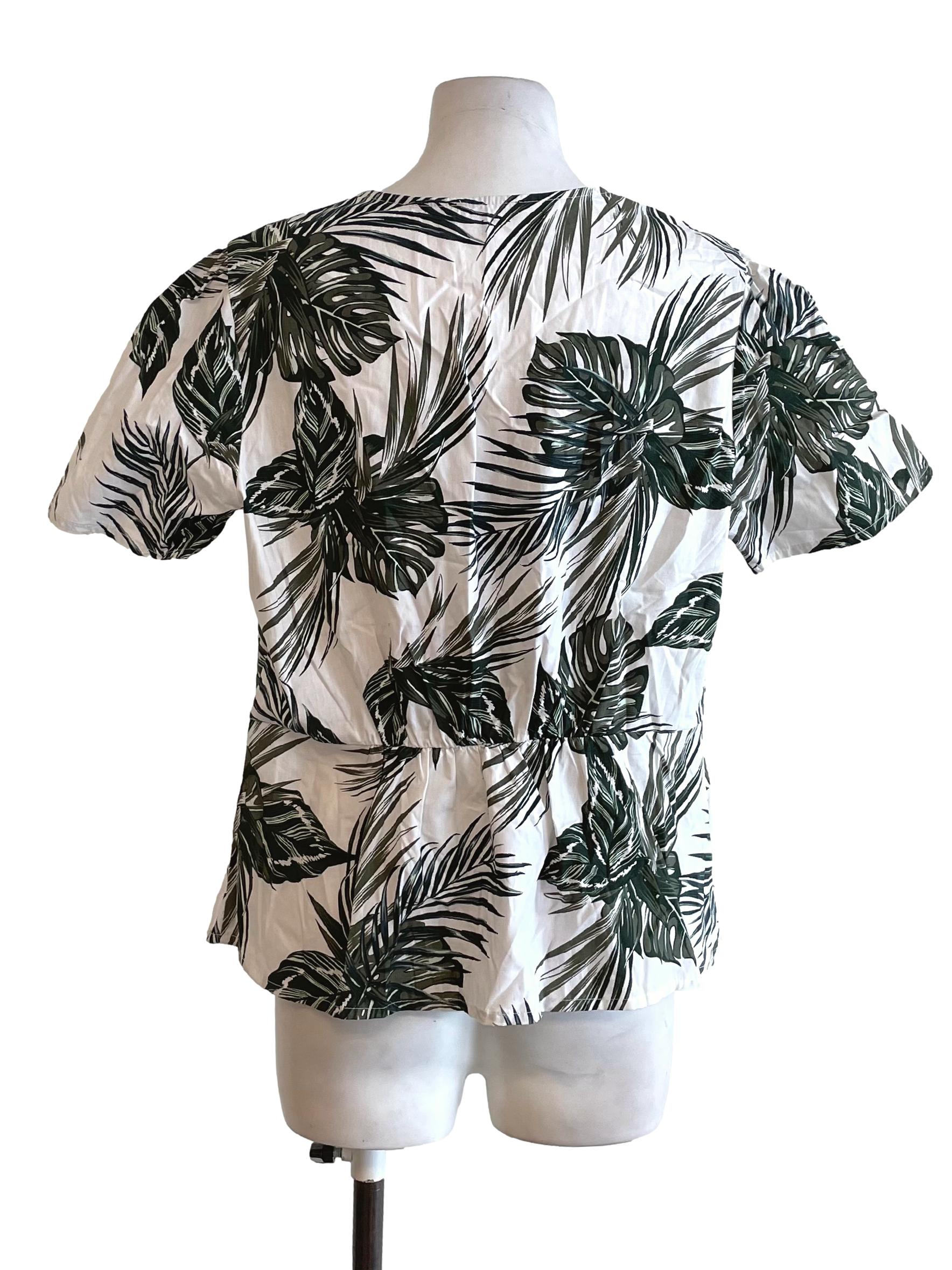 White Plant Print Peplum Top