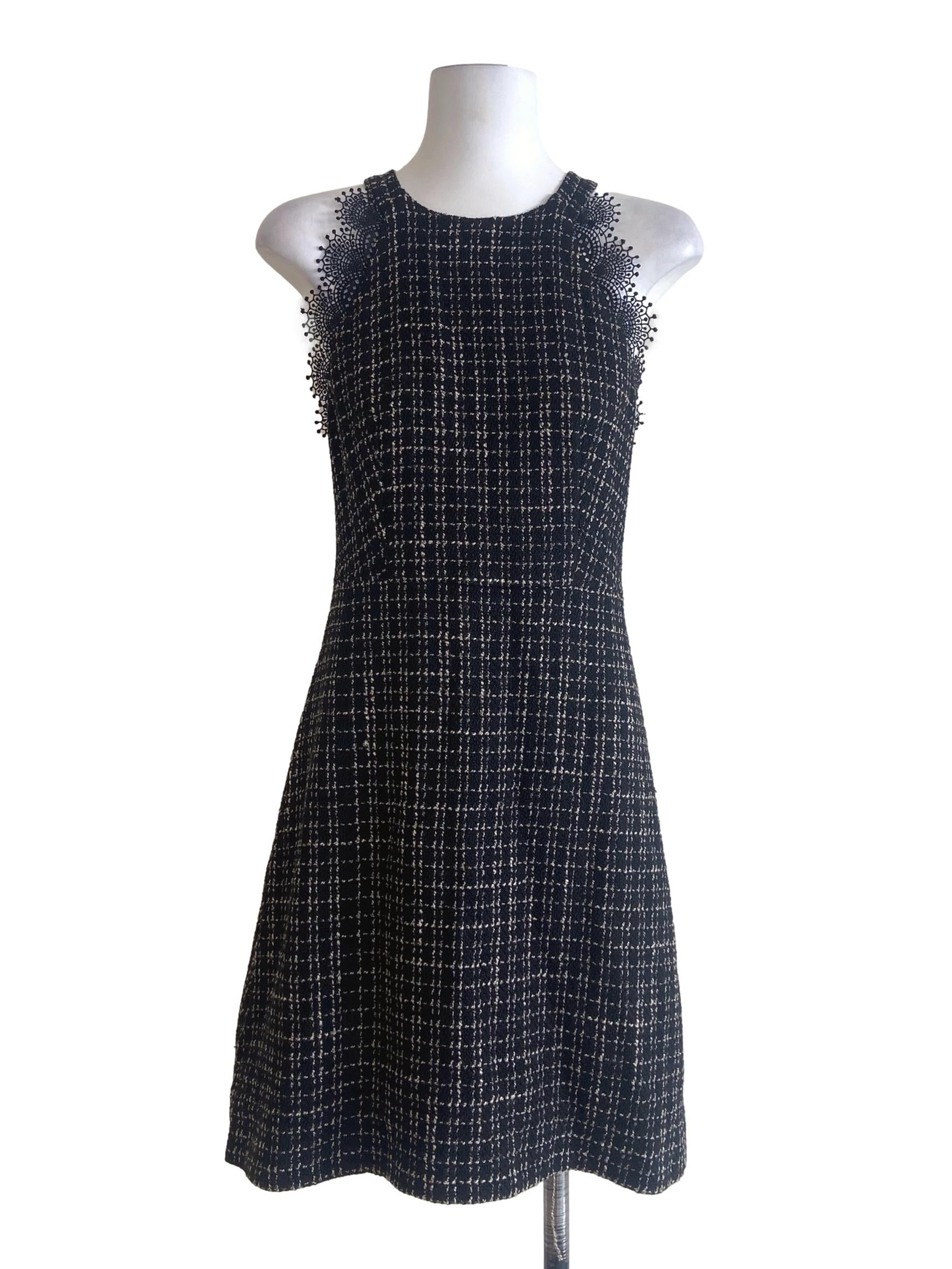 Black Sleeveless Lace Tweed A-Line Dress