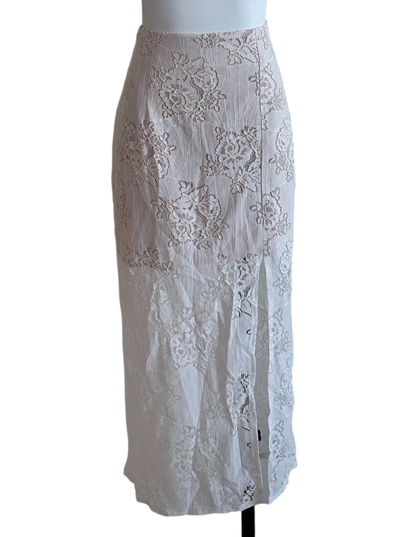 White Beige Lace Slit Skirt