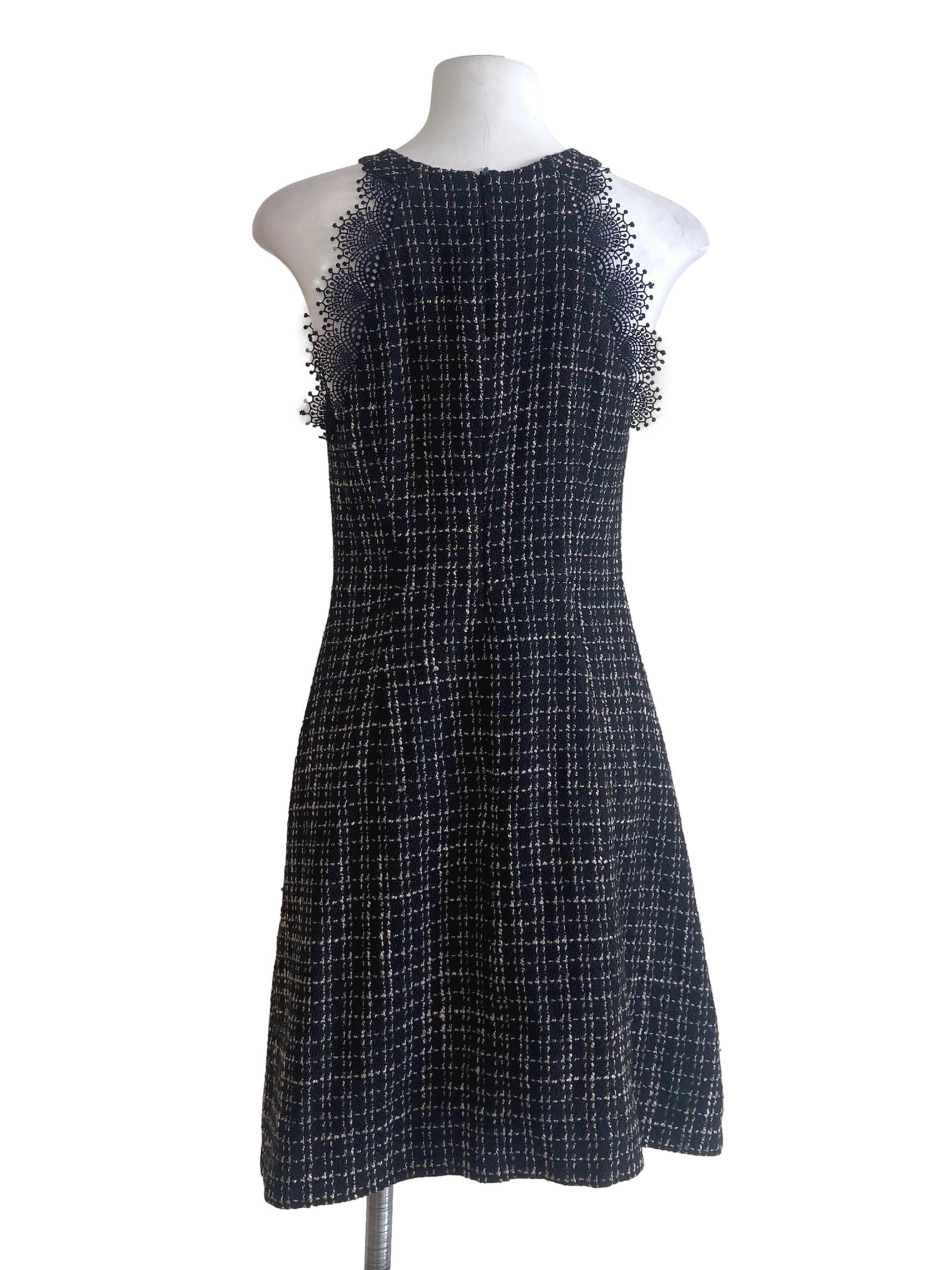 Black Sleeveless Lace Tweed A-Line Dress