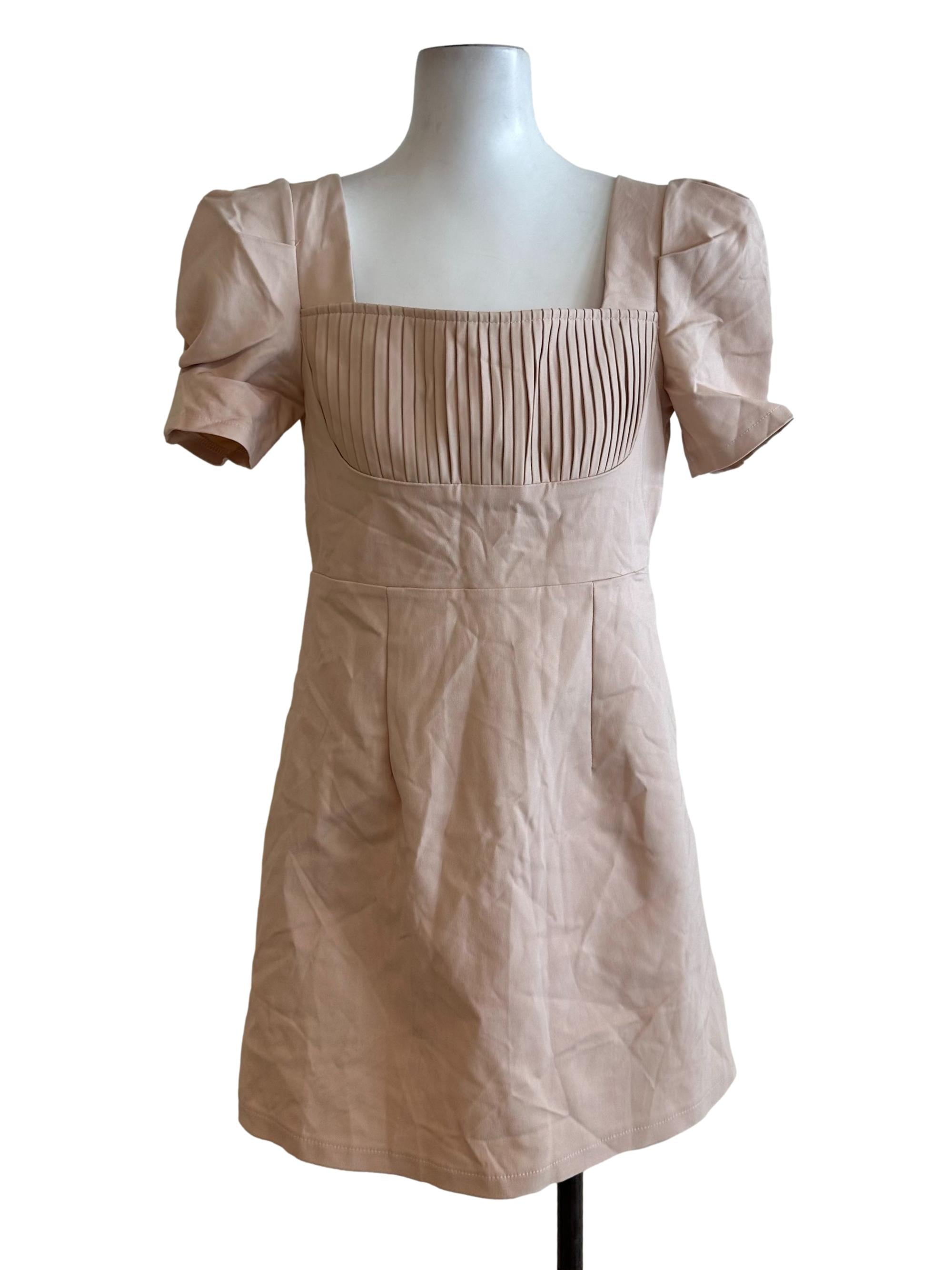 Peach Beige Pleated Square Neck A Line Dress