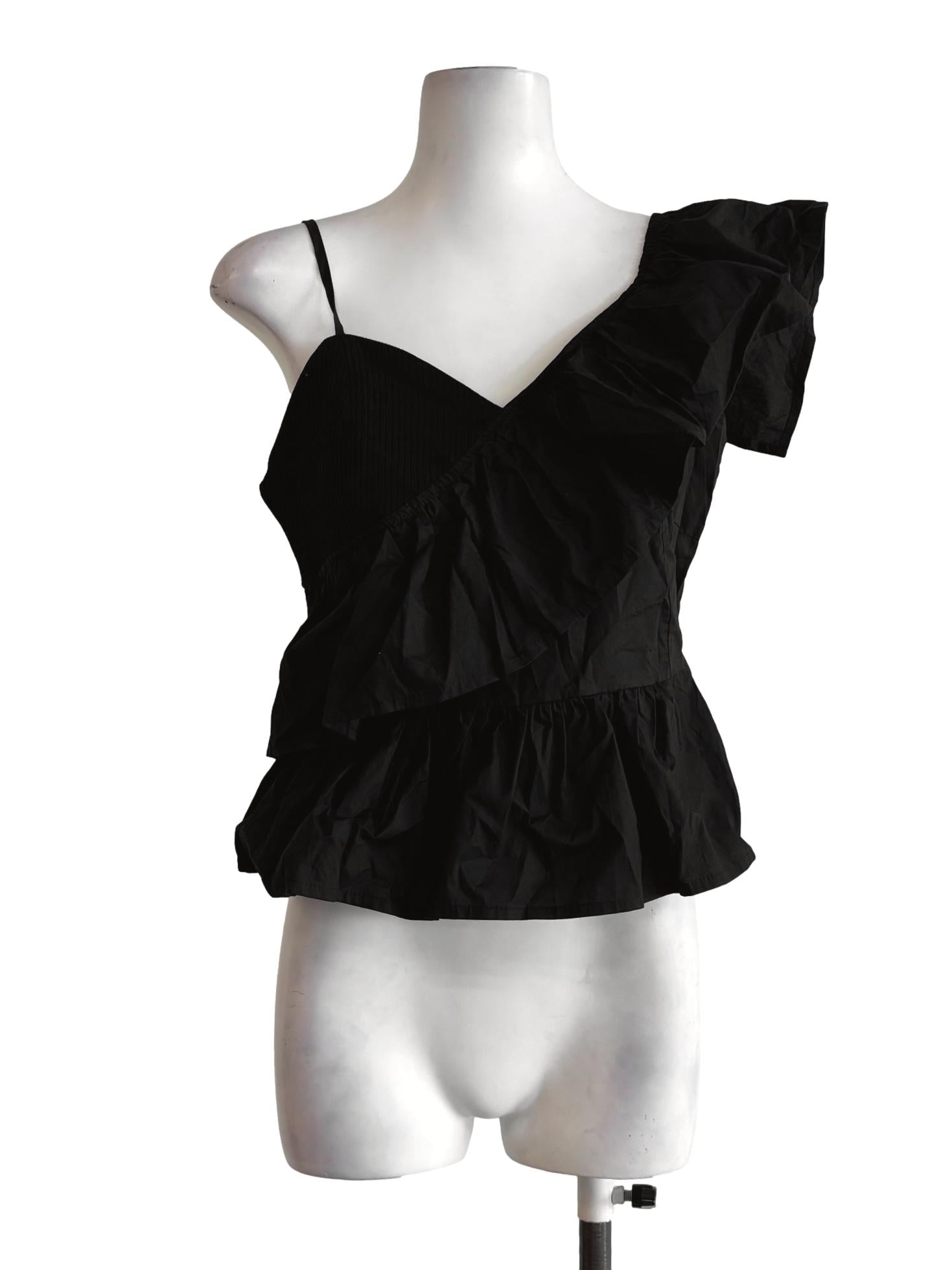 Soft Black One Shoulder Cotton Peplum Top