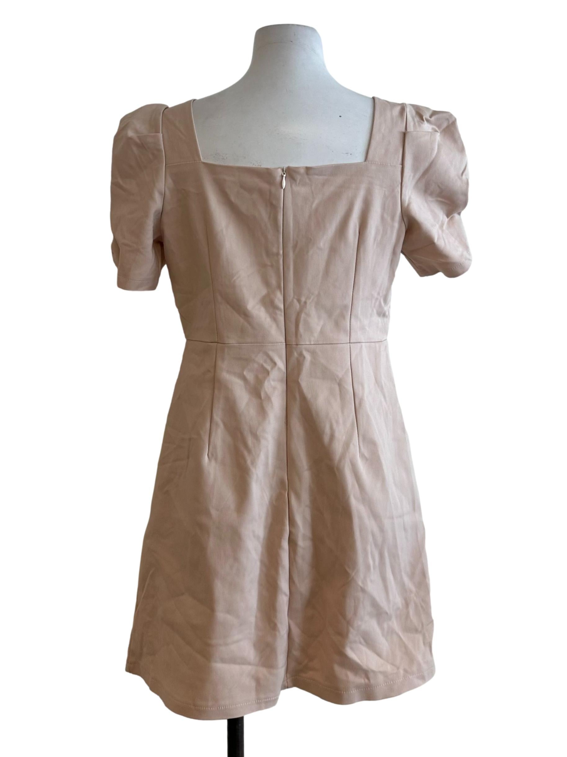 Peach Beige Pleated Square Neck A Line Dress