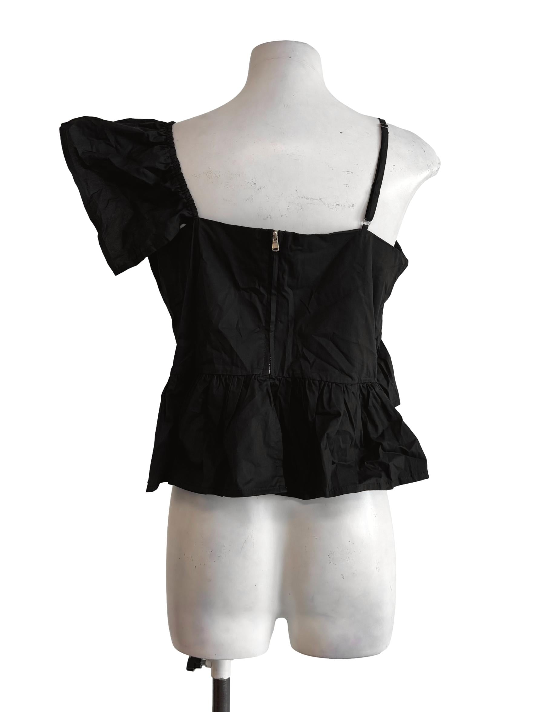 Soft Black One Shoulder Cotton Peplum Top