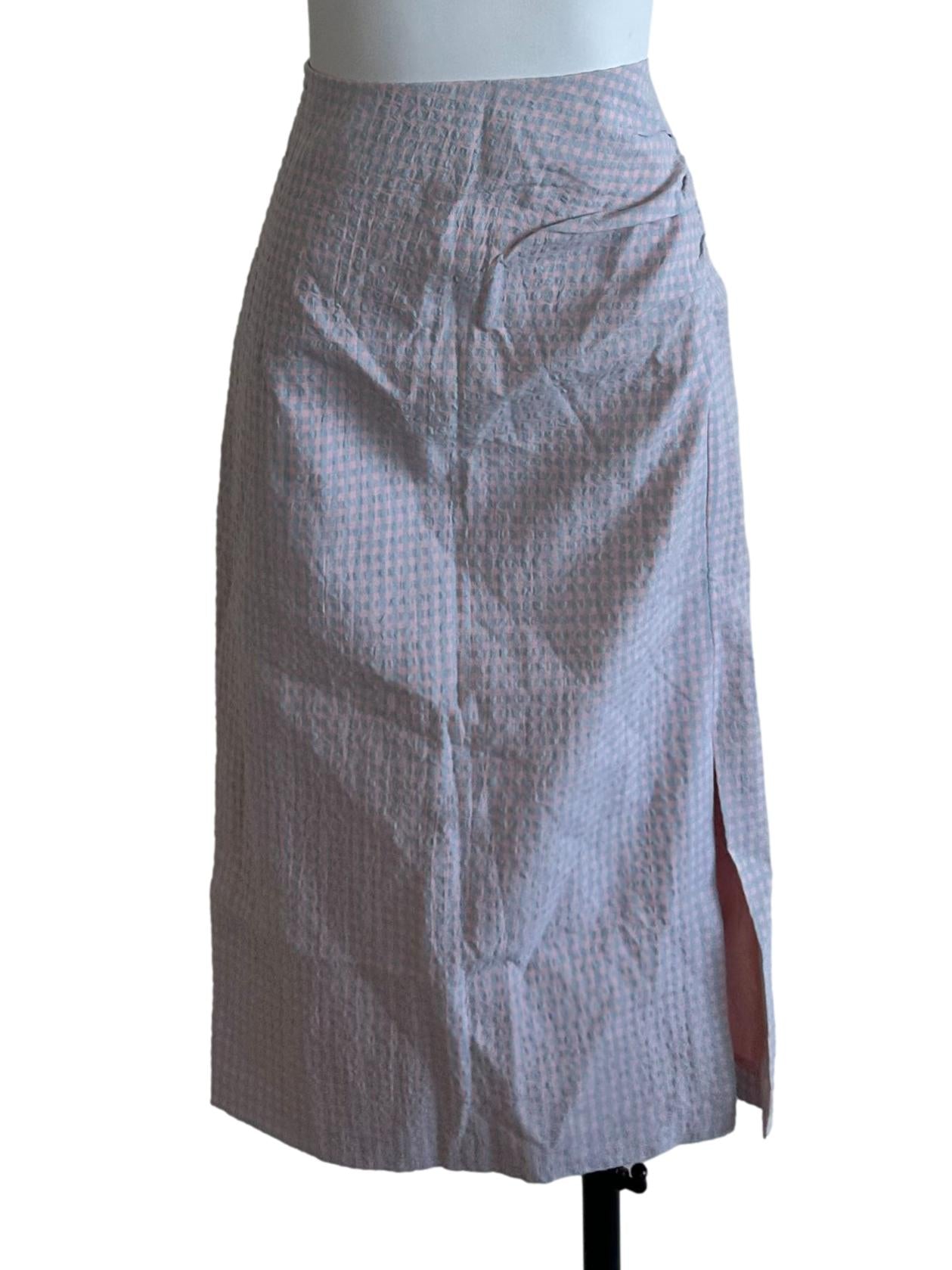 Pink Blue Plaid Textured Slit Skirt