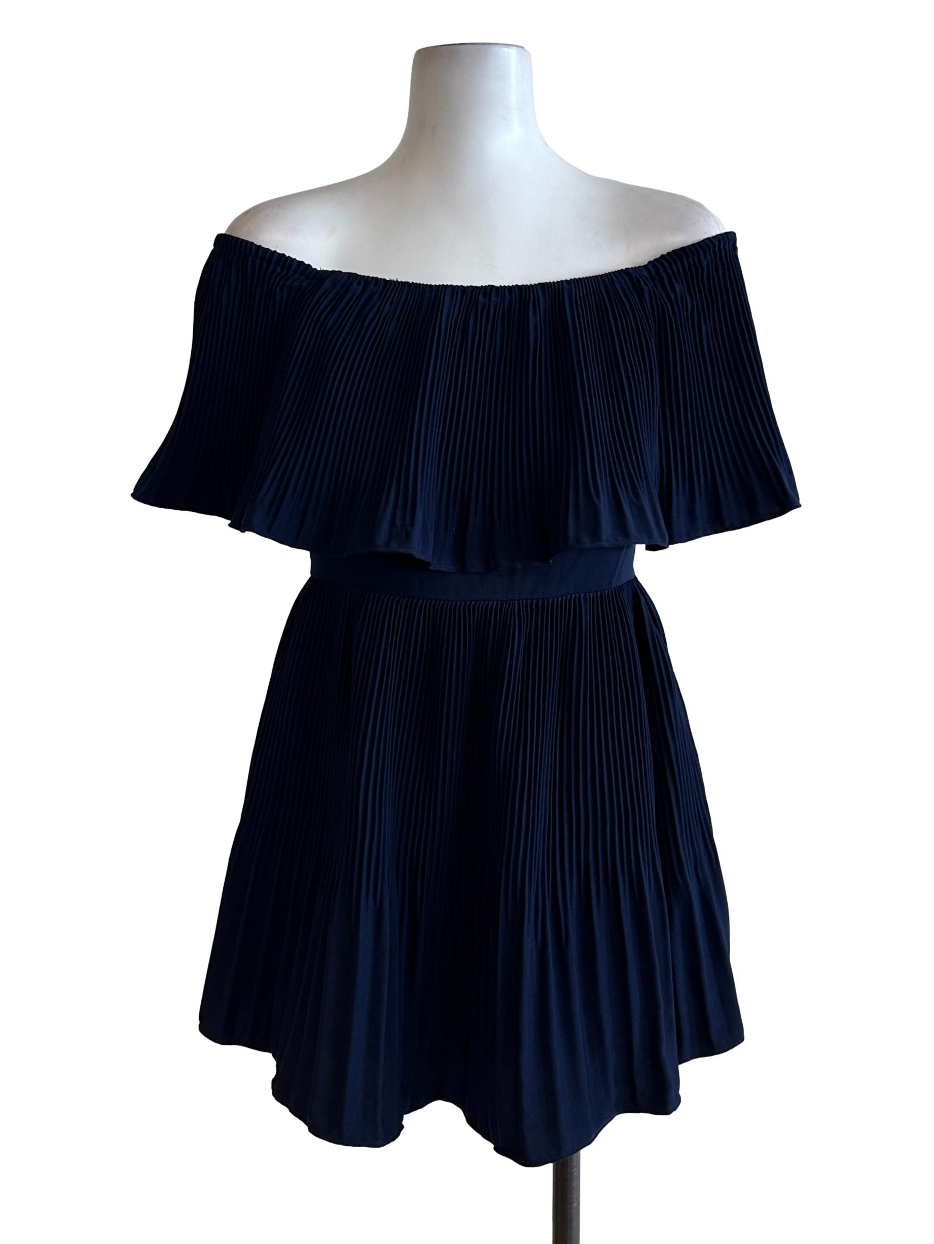 Navy Blue Pleated Off Shoulder Dress
