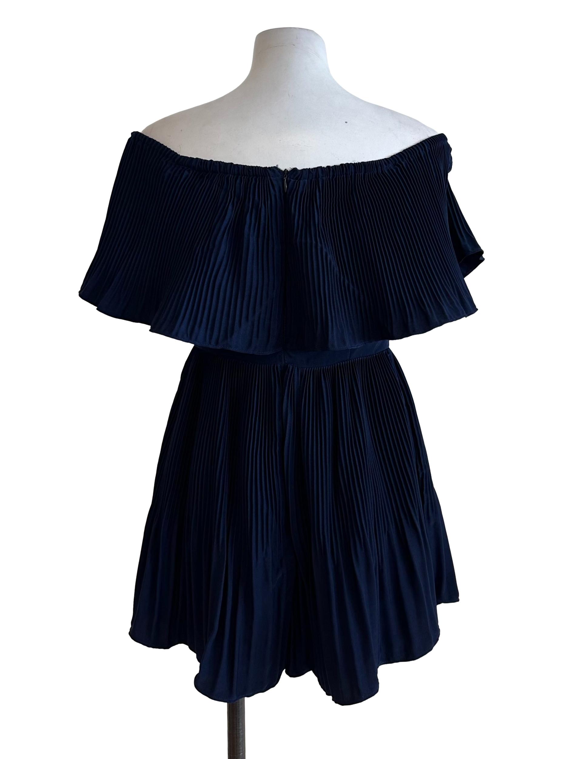 Navy Blue Pleated Off Shoulder Dress