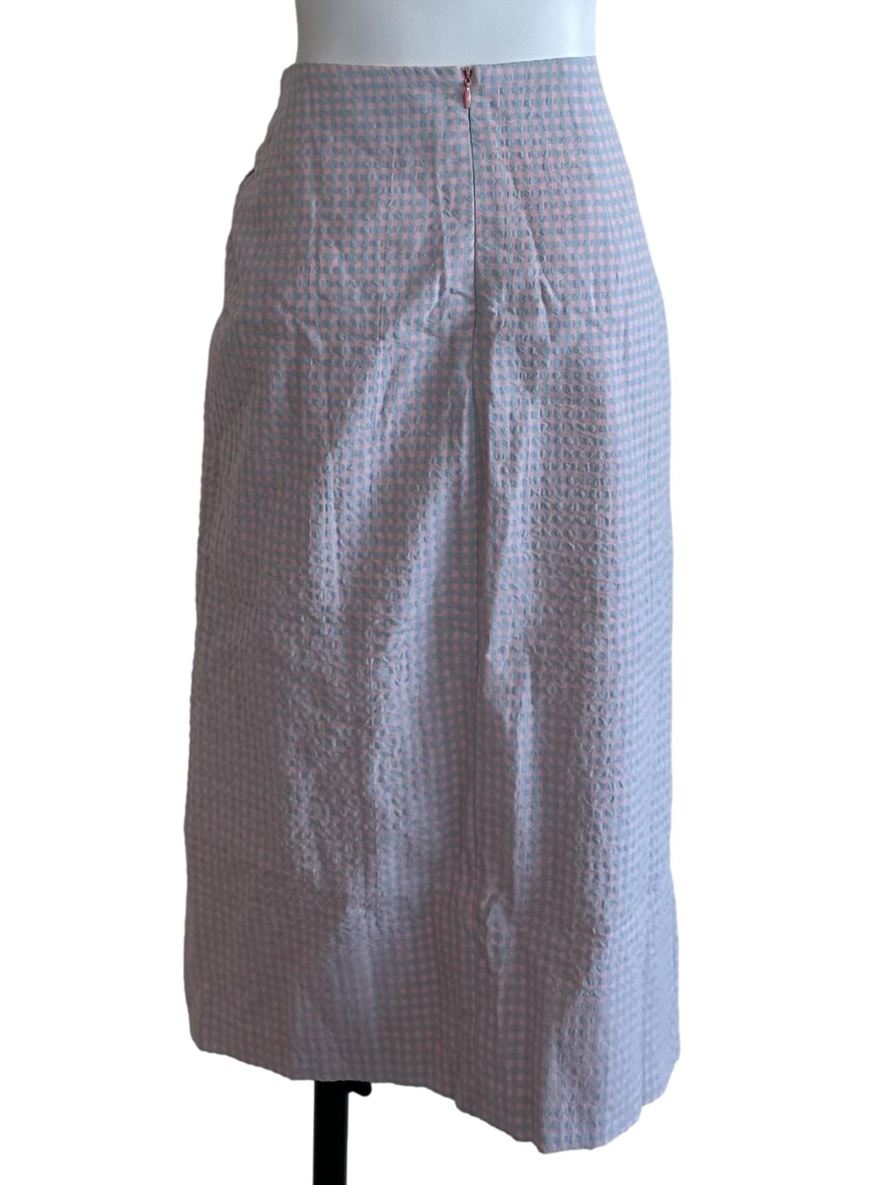Pink Blue Plaid Textured Slit Skirt