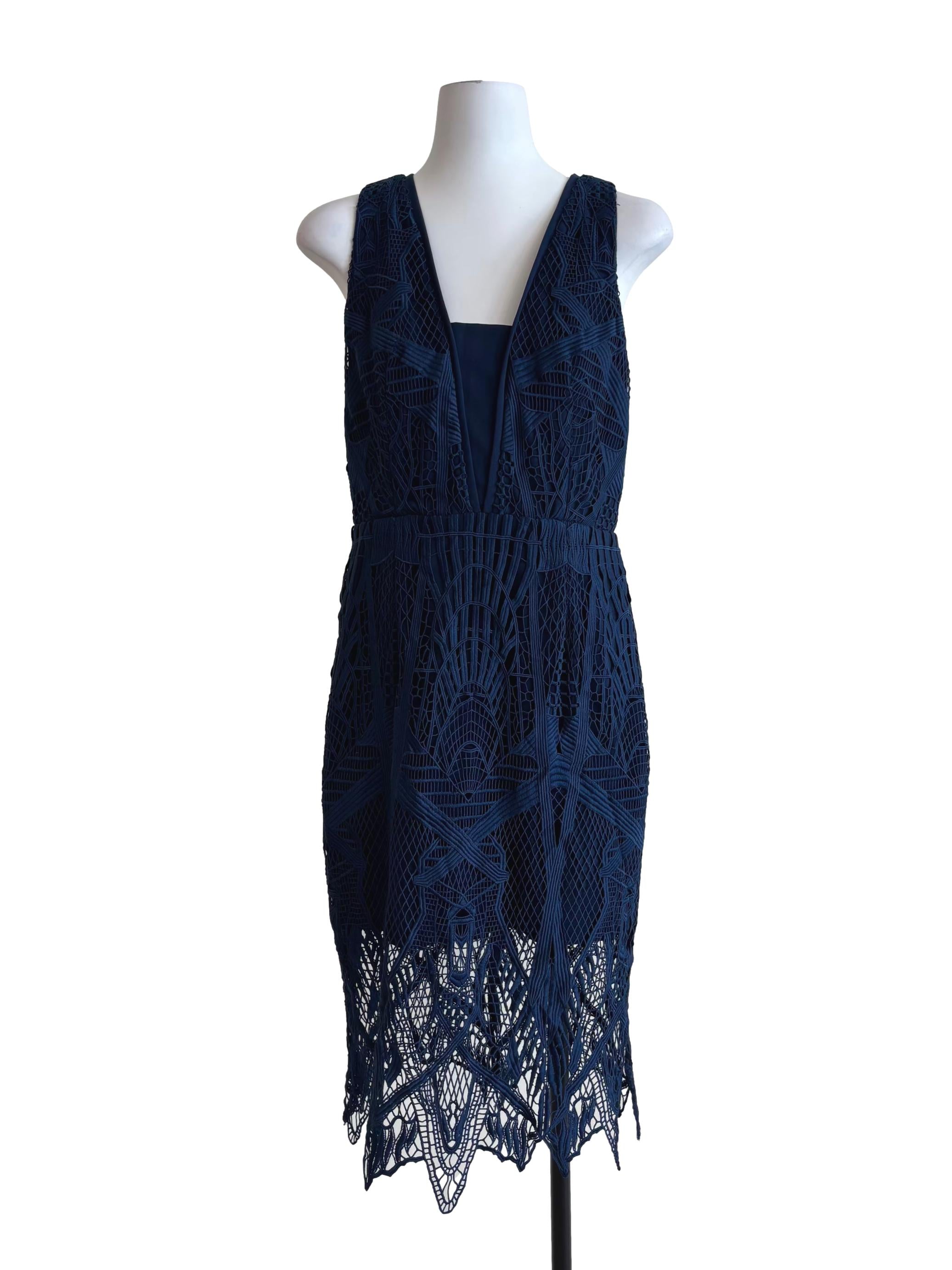 Navy Blue Sleeveless Sheath Lace Dress