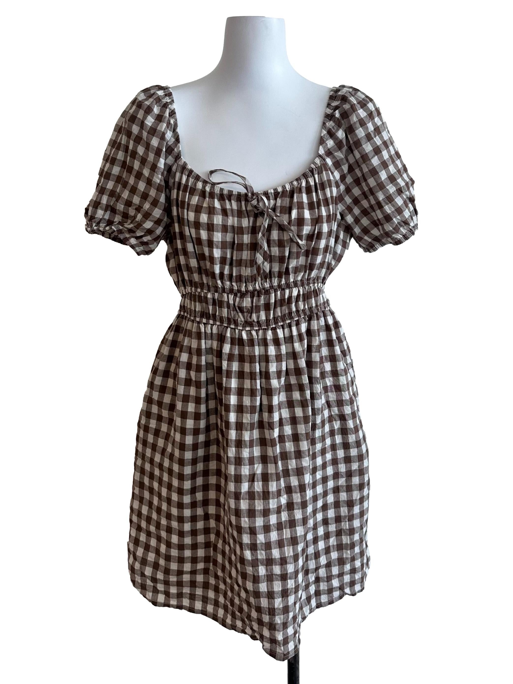 Wood Brown Plaid Puff Sleeve Dress