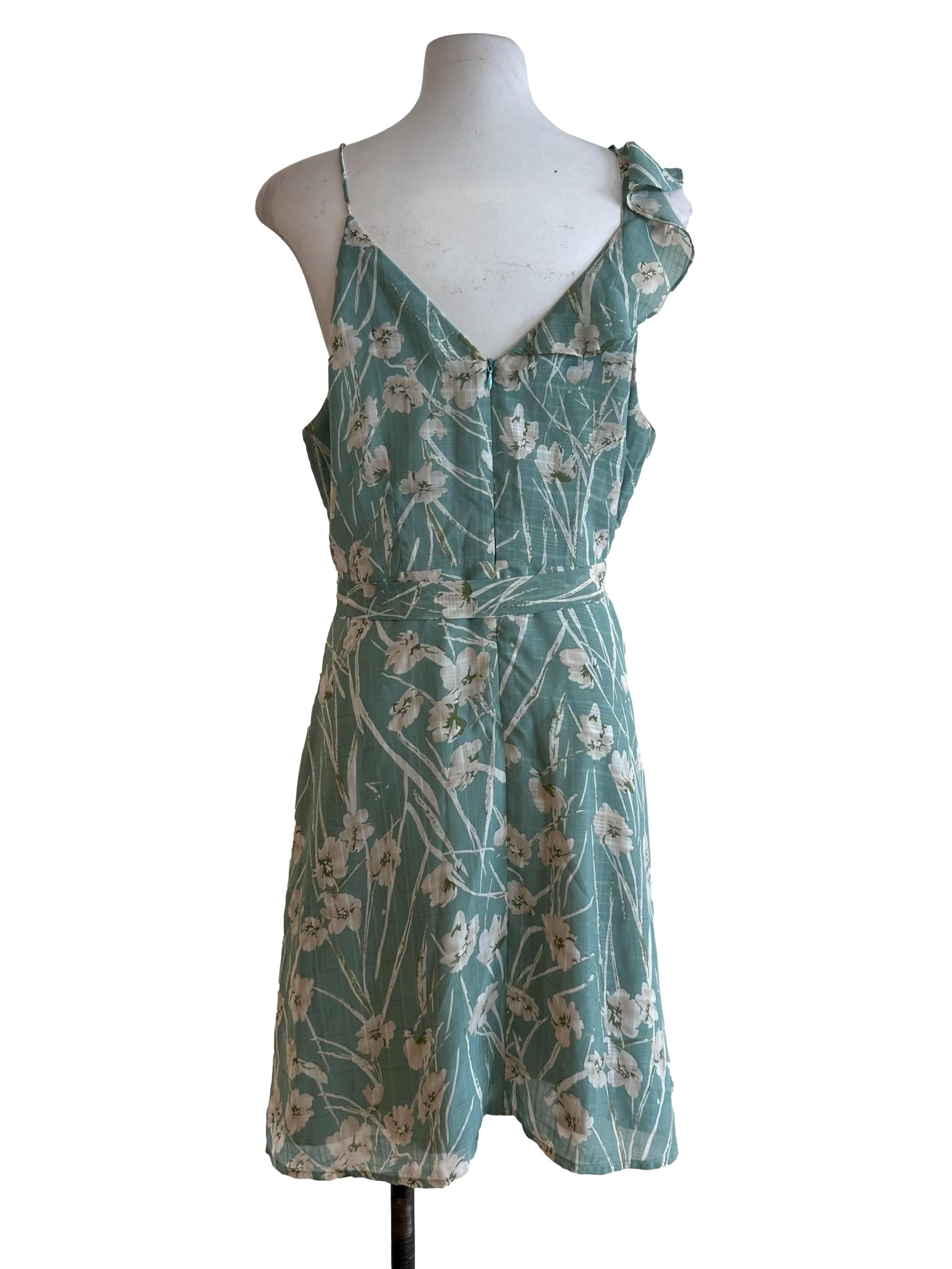 Fern Green Floral Ruffle Asymmetric Dress