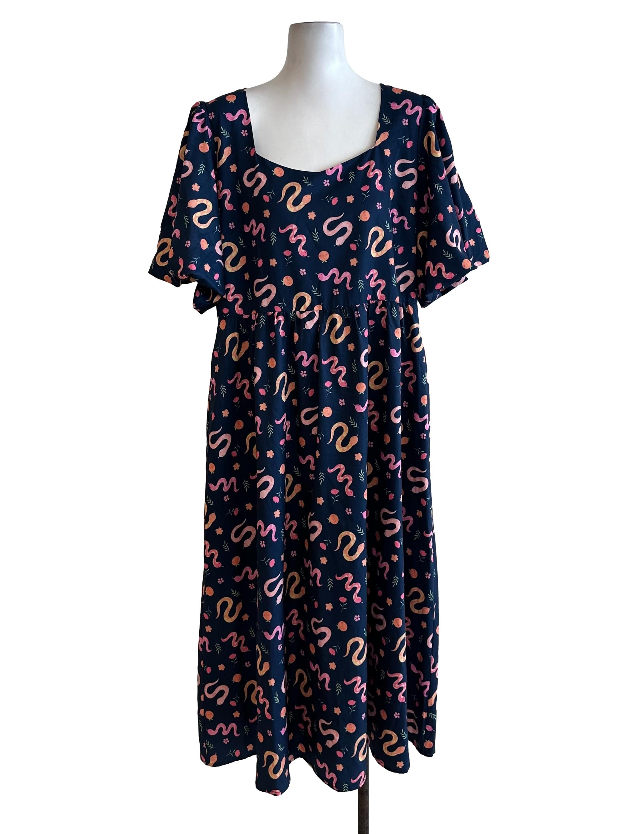 Midnight Blue Pattern Square Neck Dress