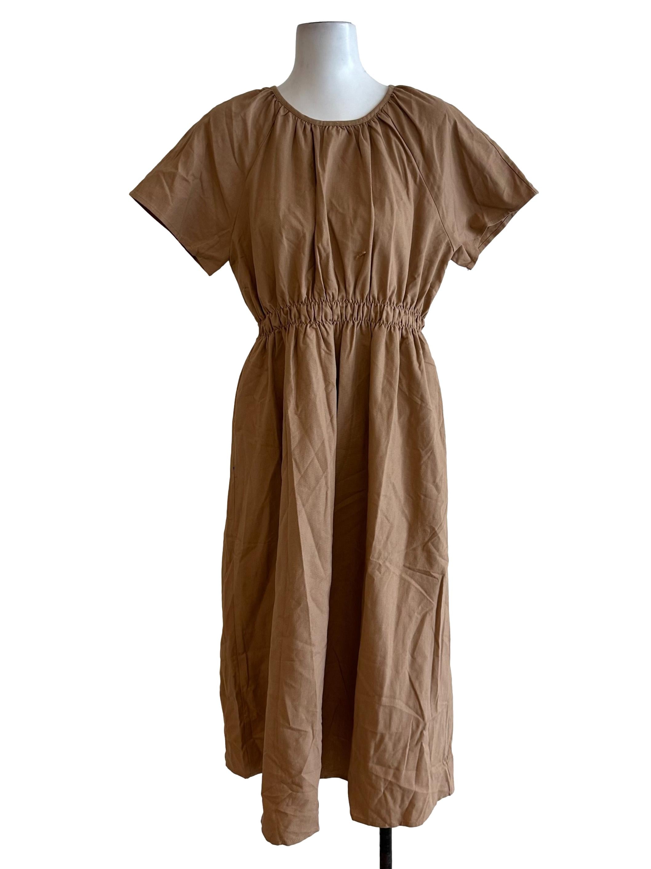 Khaki Brown Round Neck Short Sleeve Dress