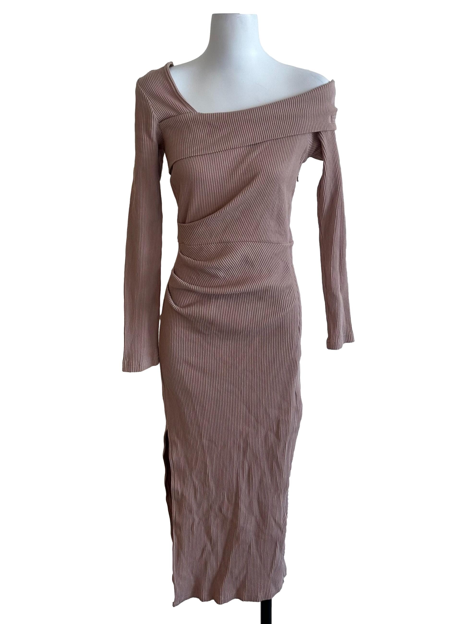 Taupe Brown Knit Off Shoulder Slit Dress