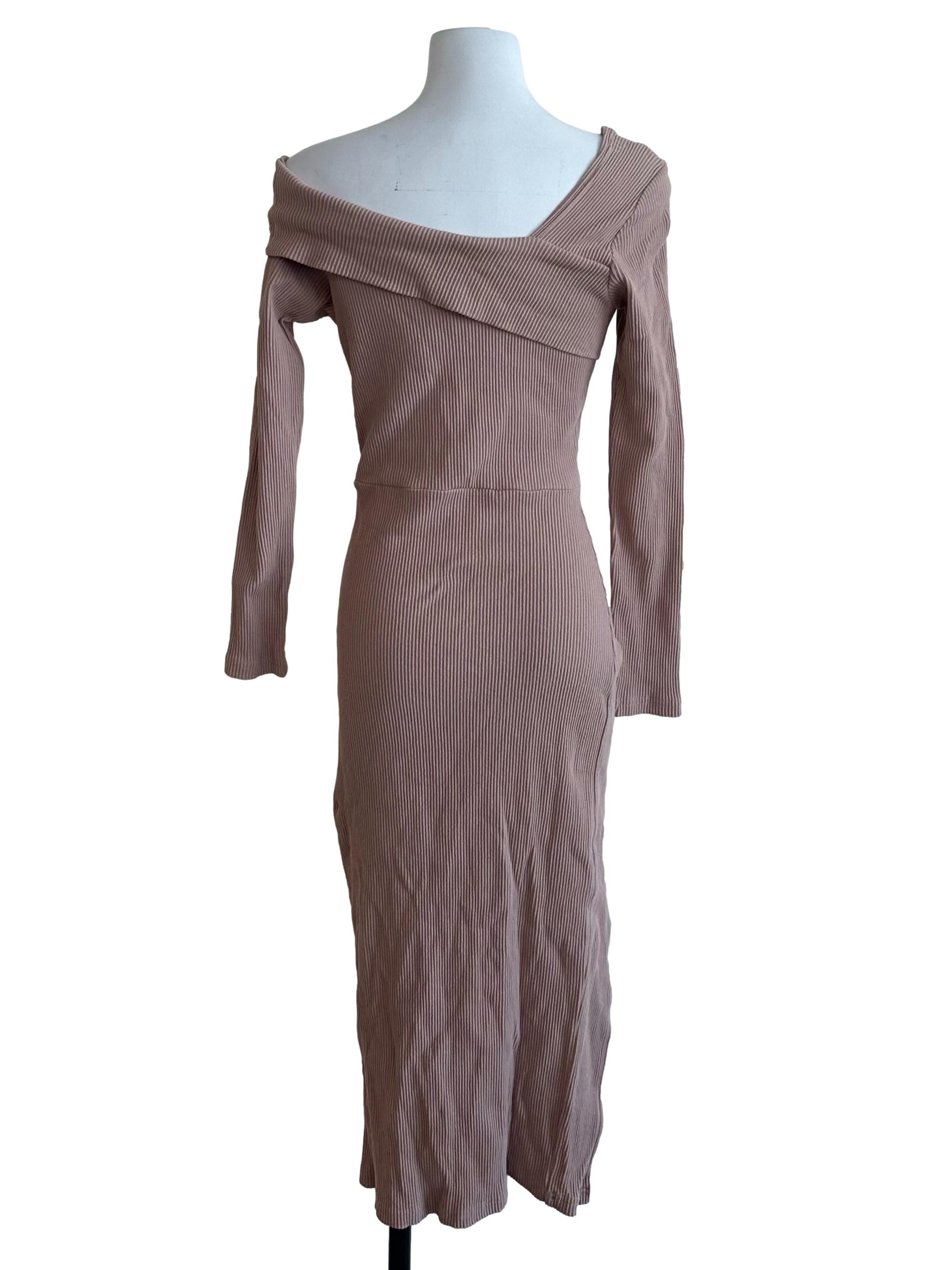 Taupe Brown Knit Off Shoulder Slit Dress