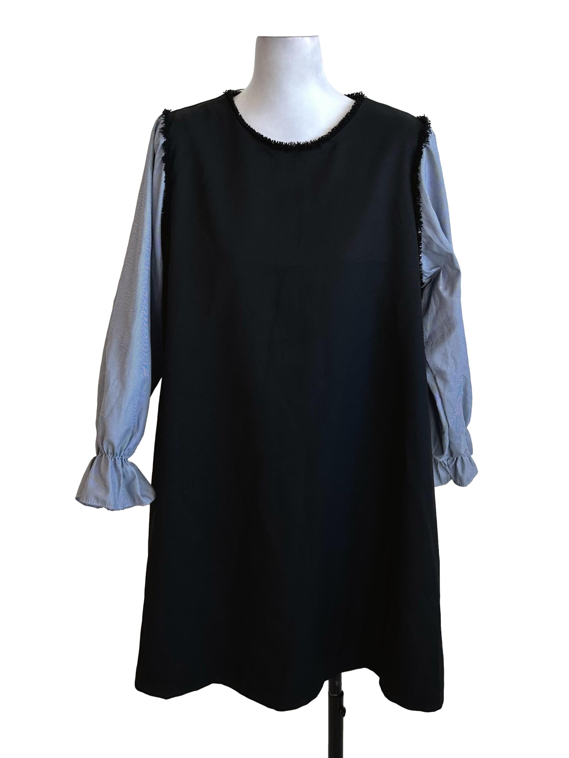 Black Blue Stripe Sleeve Textured Dress