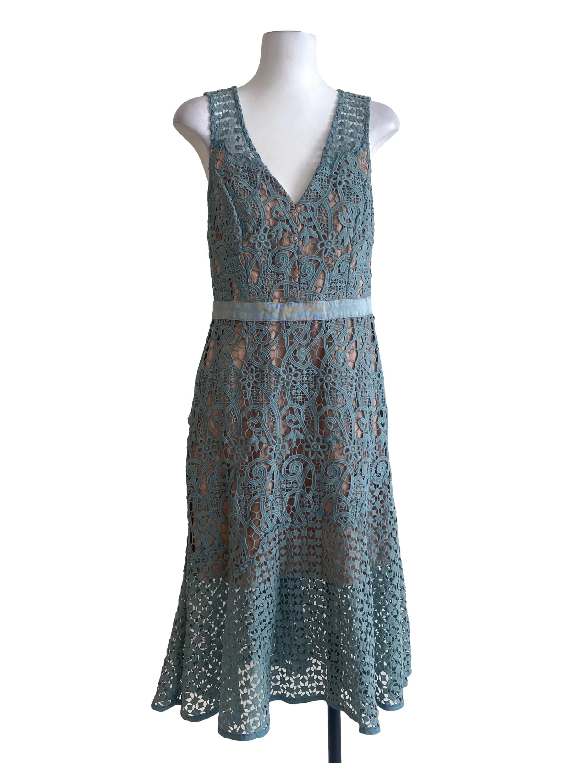 Stone Blue Floral Lace V-Neck Shift Dress