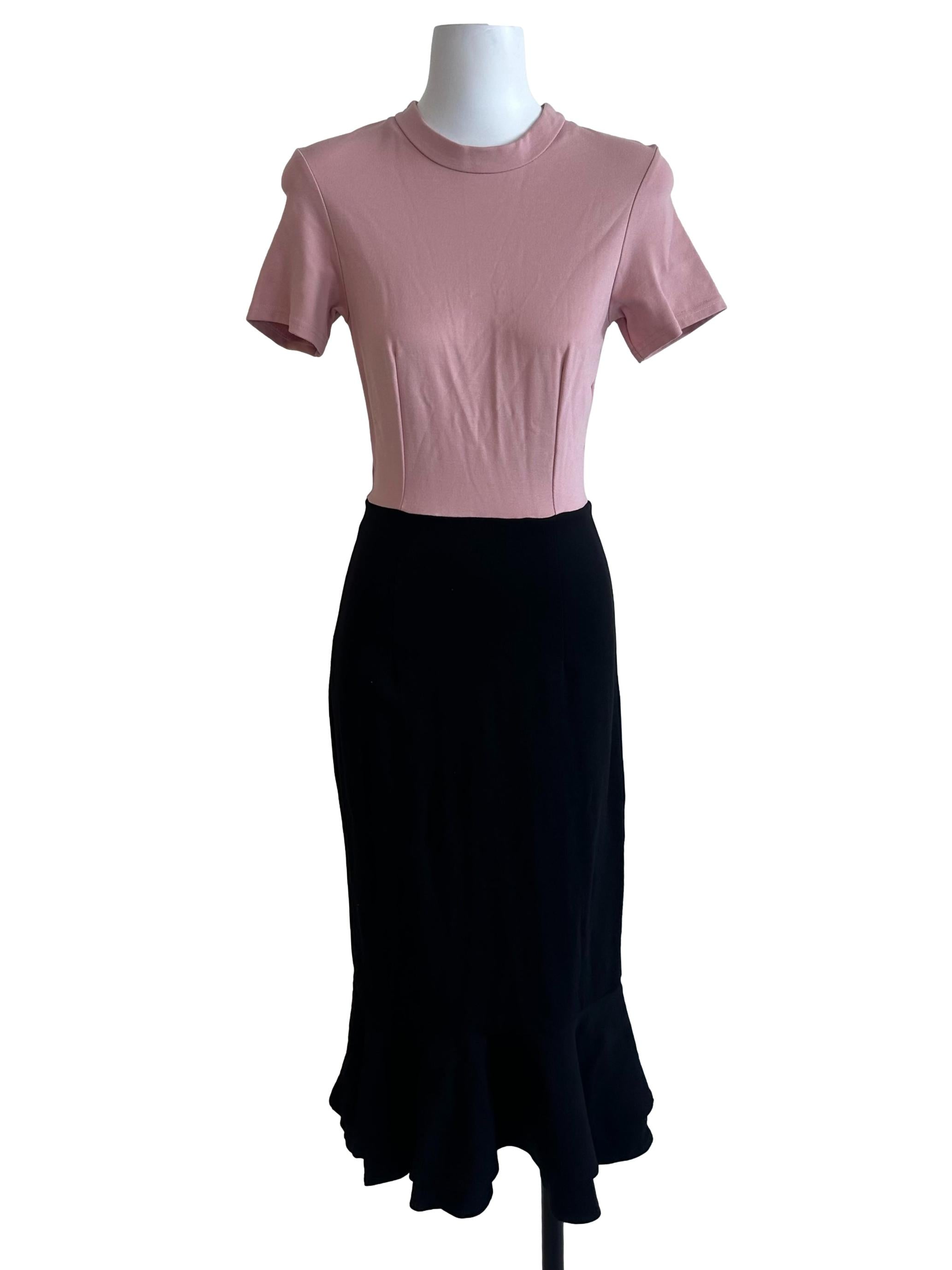 Pink Black Ruffle Round Neck Dress
