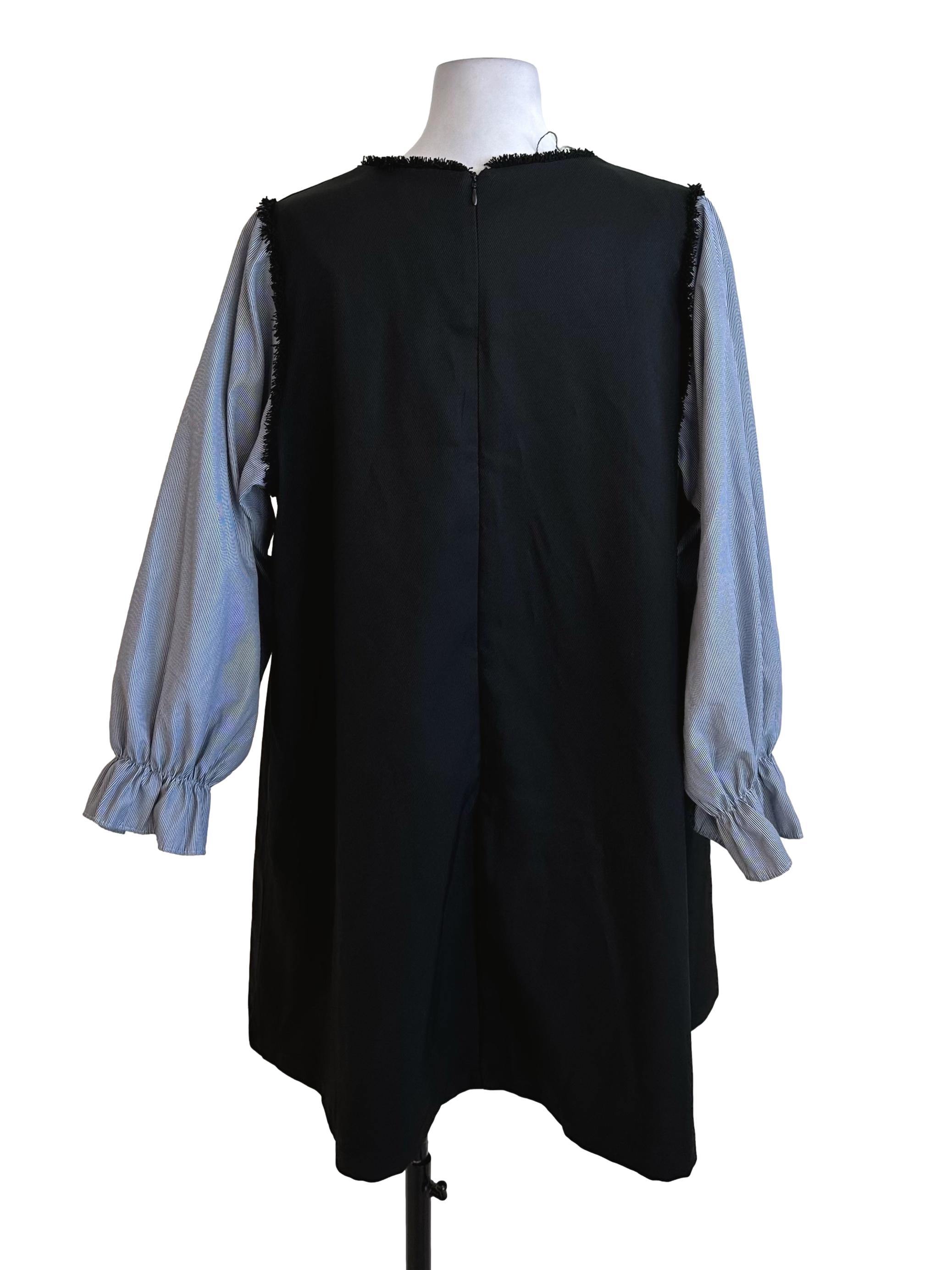 Black Blue Stripe Sleeve Textured Dress