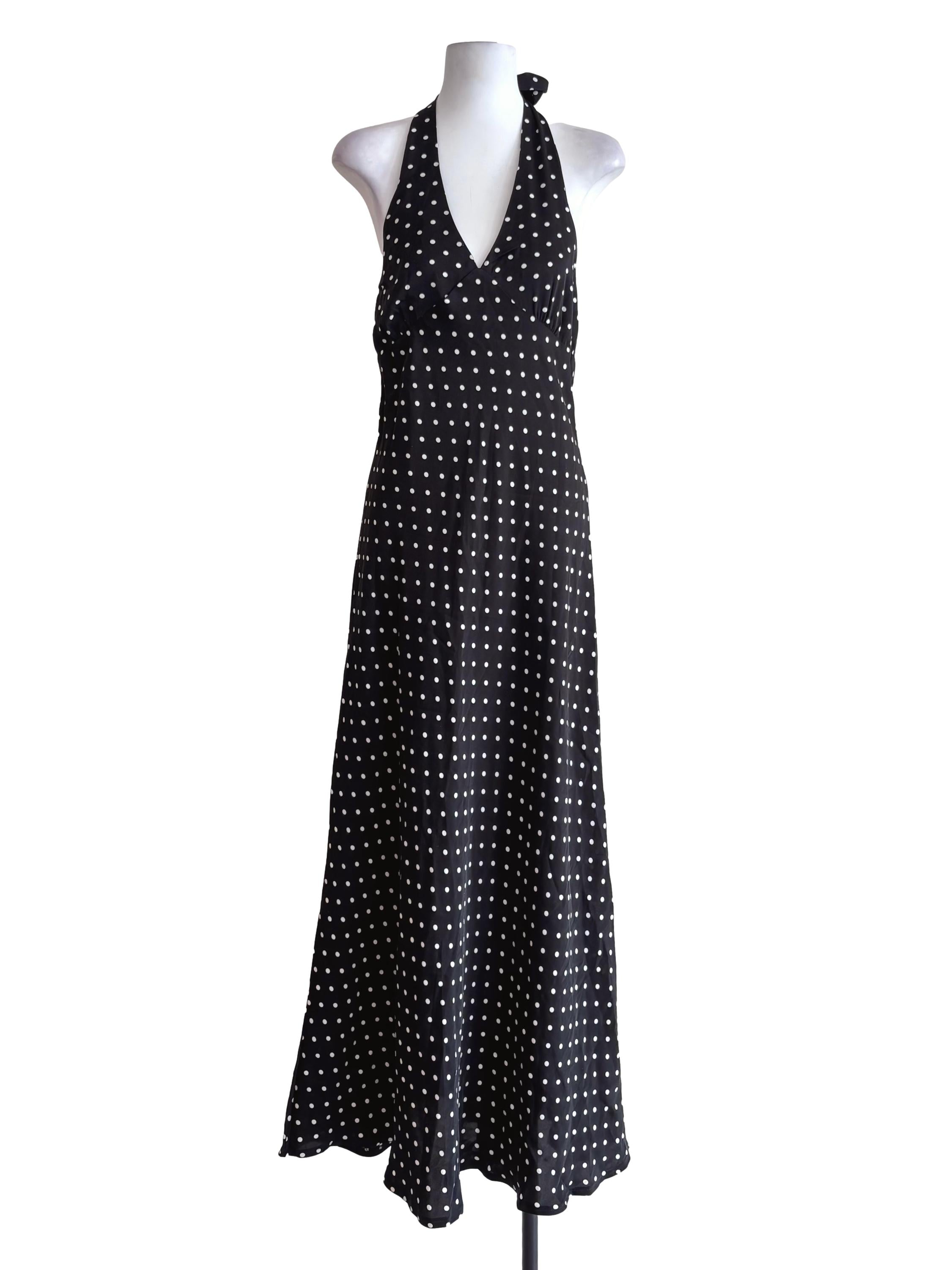 Black Polkadot Halter Tie Low Back Dress
