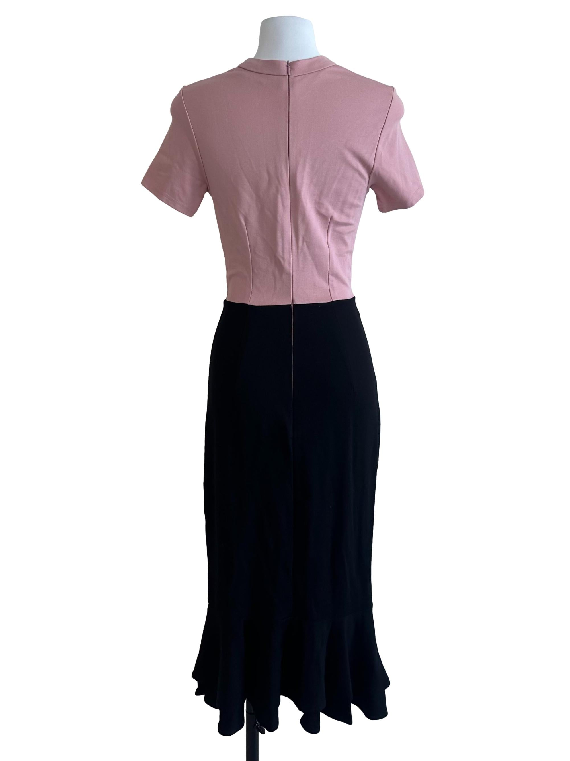 Pink Black Ruffle Round Neck Dress
