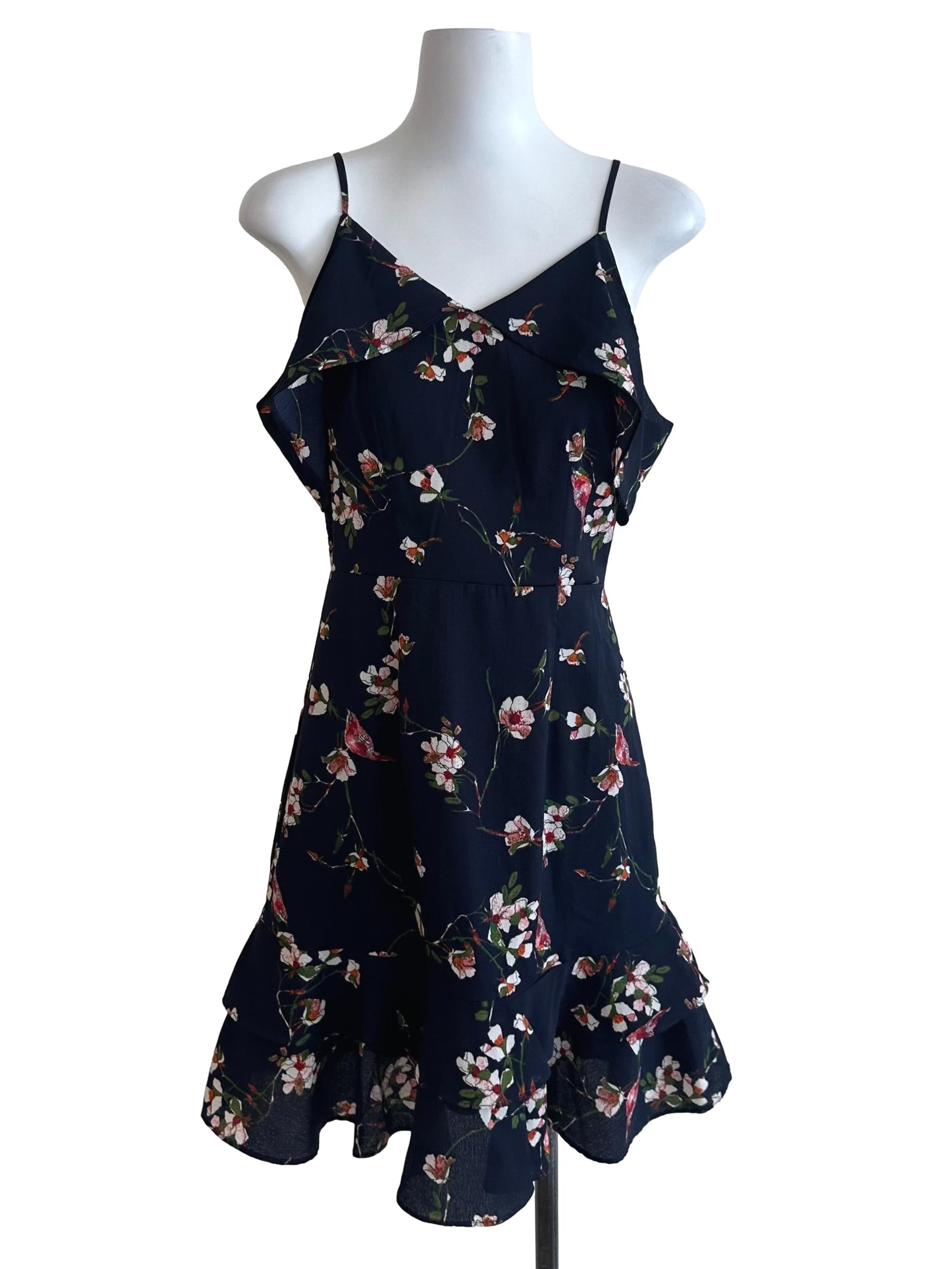 Navy Blue Floral V Neck Layered Dress