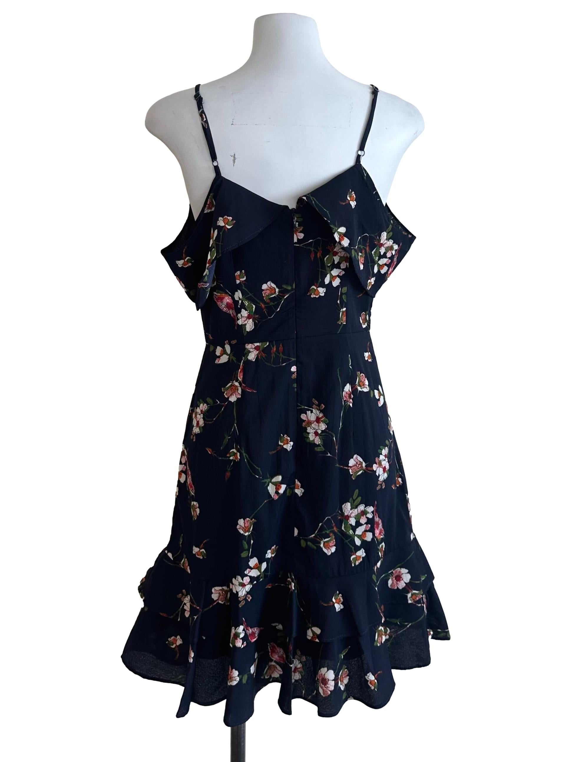 Navy Blue Floral V Neck Layered Dress