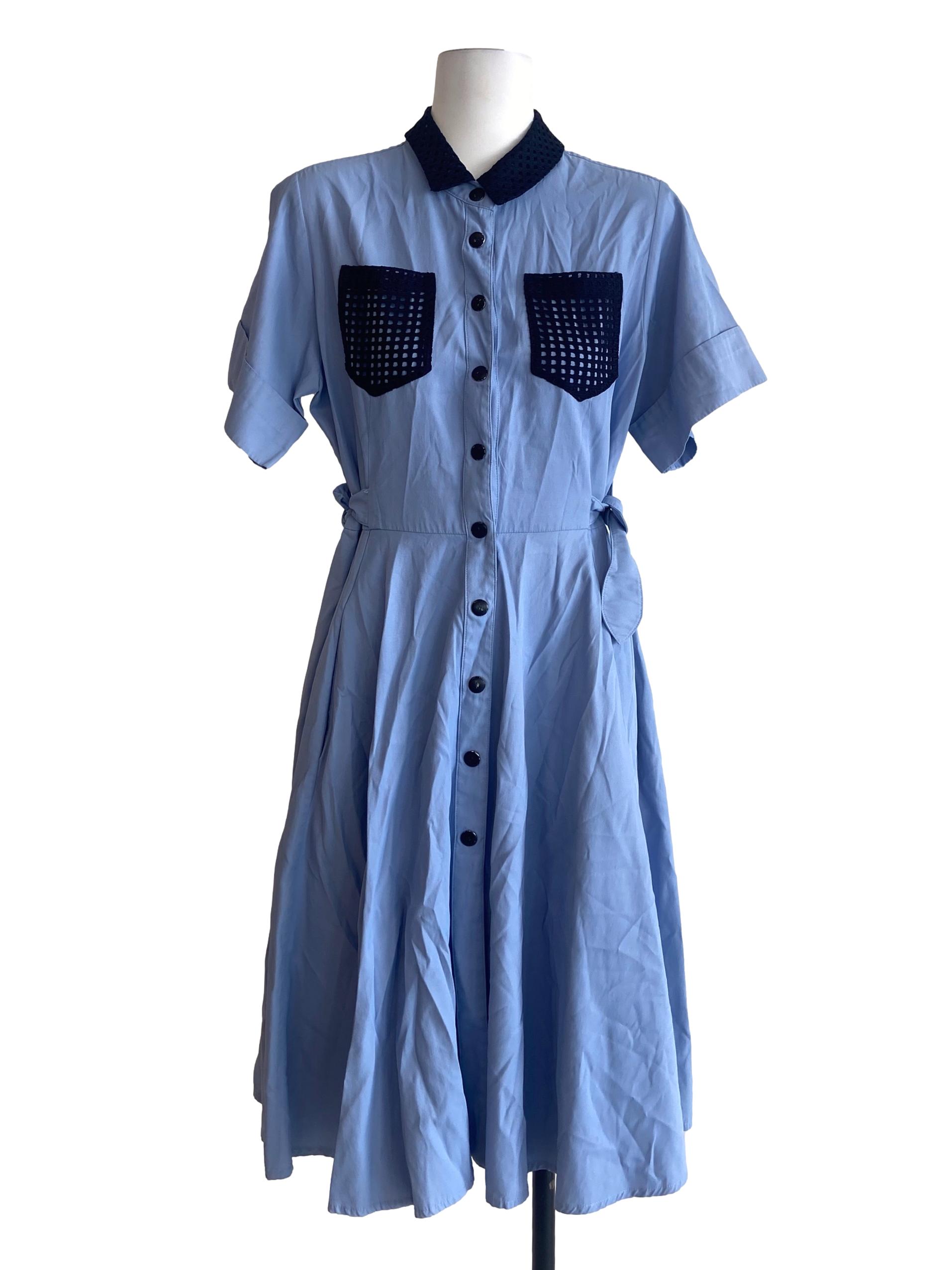 Blue Herringbone Button Down Shirt Dress