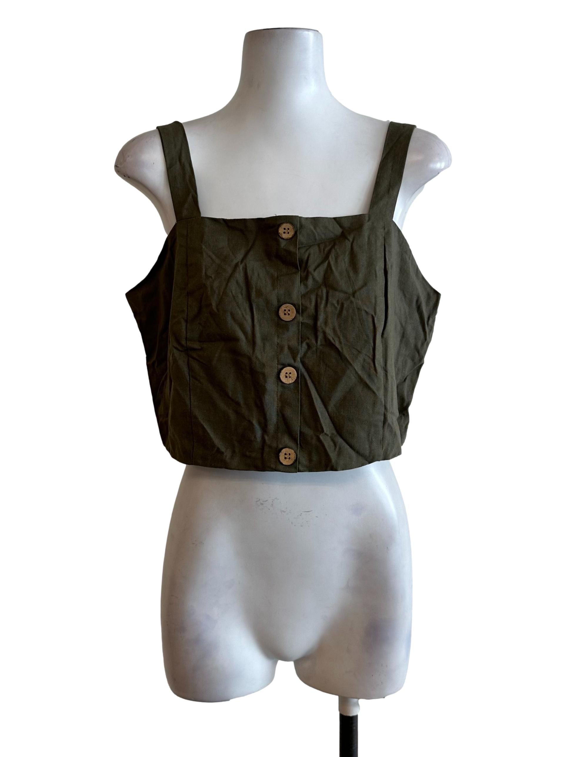 Moss Green Square Neck Button Top