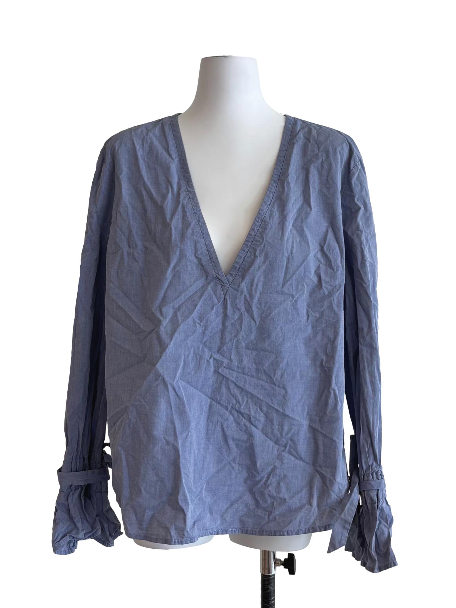 Powder Blue Plunged Neck Linen Top