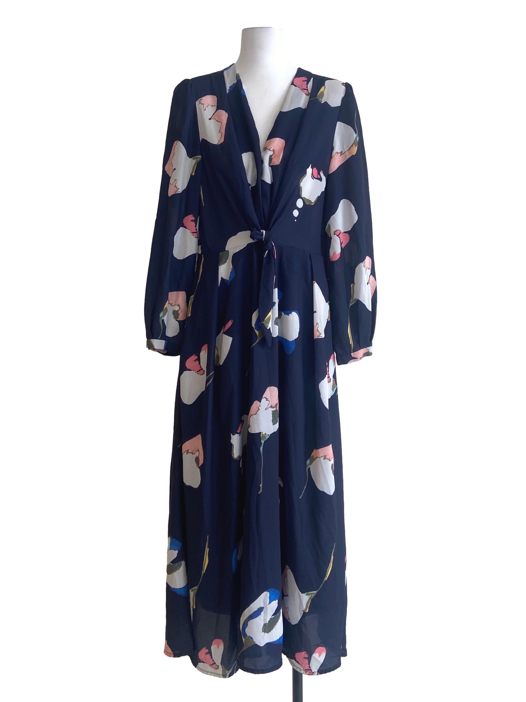 Navy Blue Floral V-Neck Front Knot Empire Dress