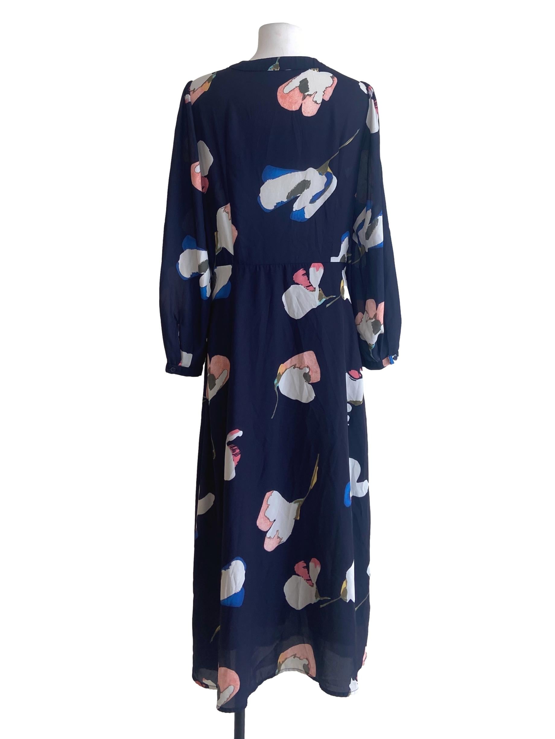 Navy Blue Floral V-Neck Front Knot Empire Dress