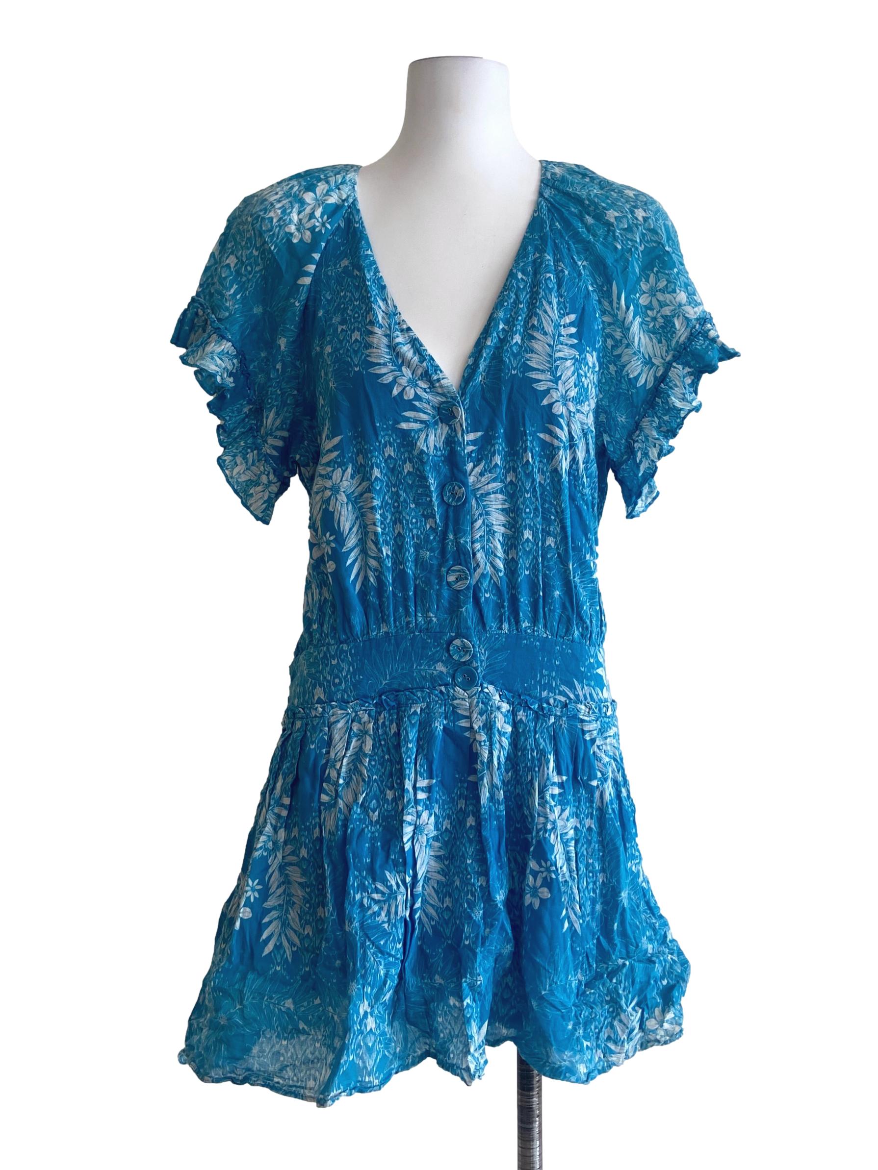 Sky Blue & White Floral V-Neck Mini Dress