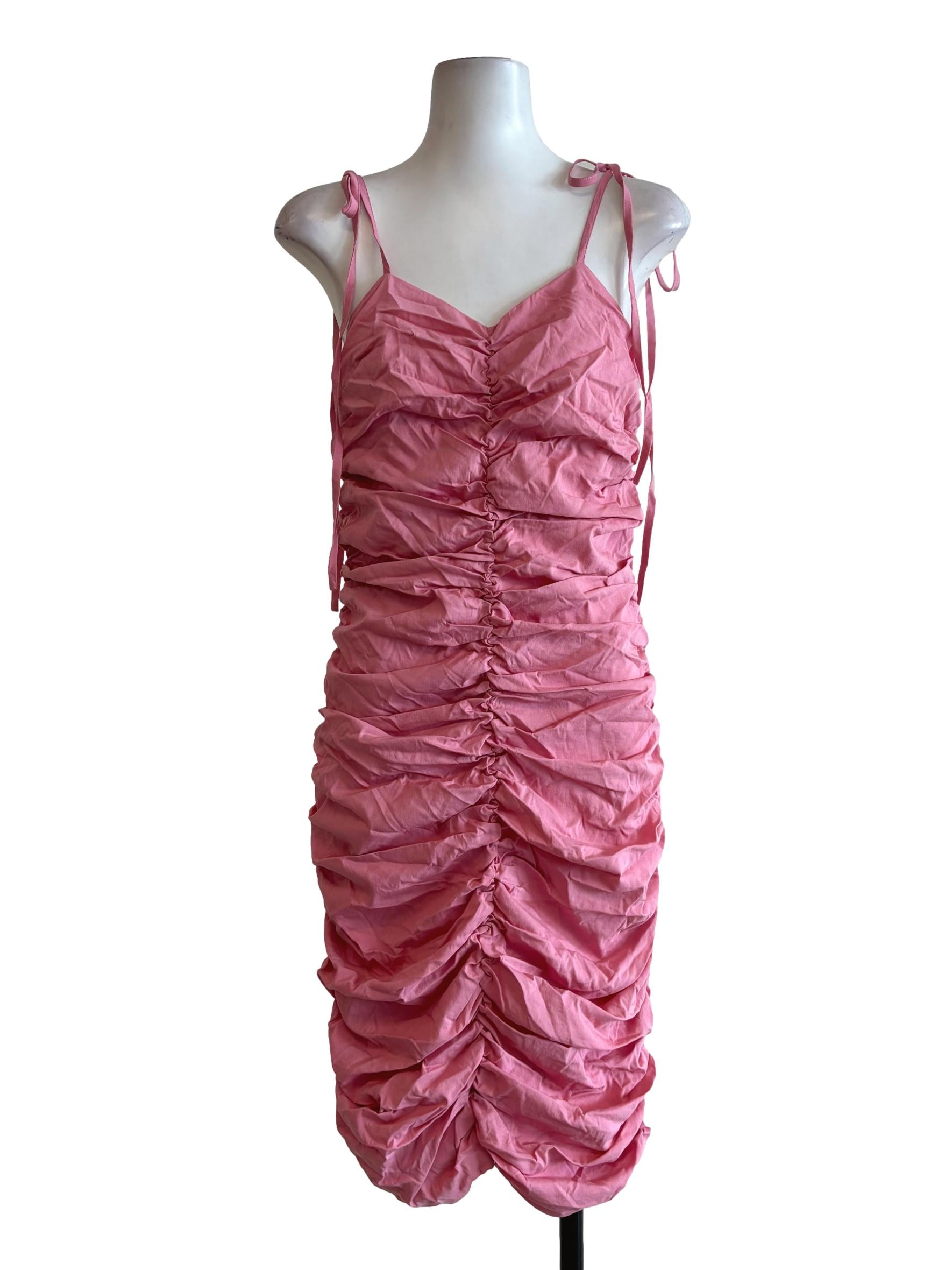 Watermelon Pink Spaghetti Strap Cotton Ruched Dress