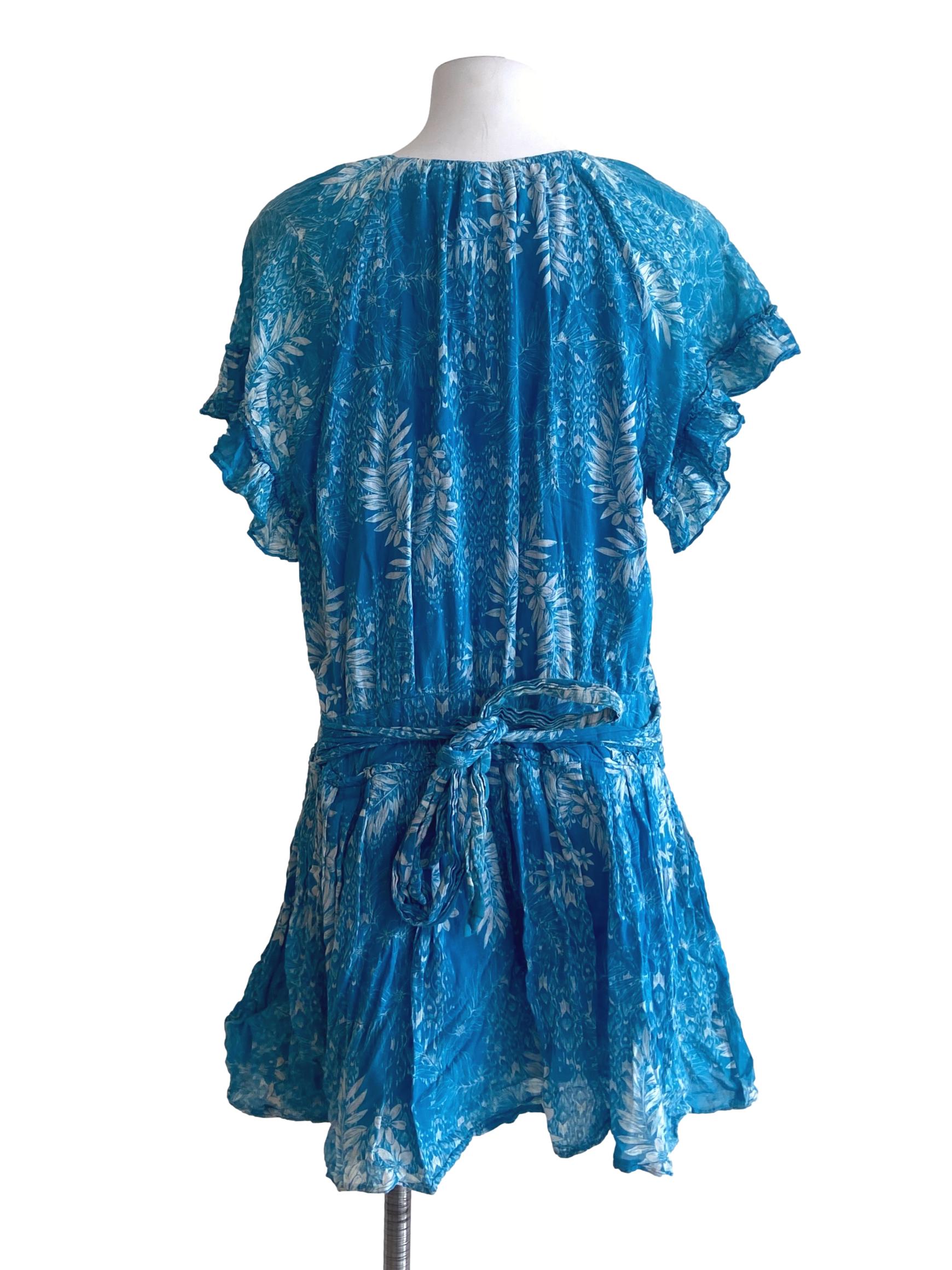 Sky Blue & White Floral V-Neck Mini Dress