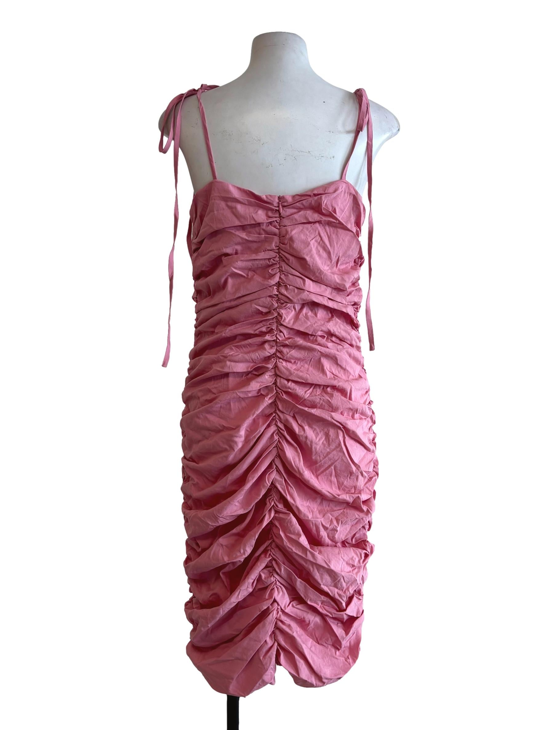 Watermelon Pink Spaghetti Strap Cotton Ruched Dress