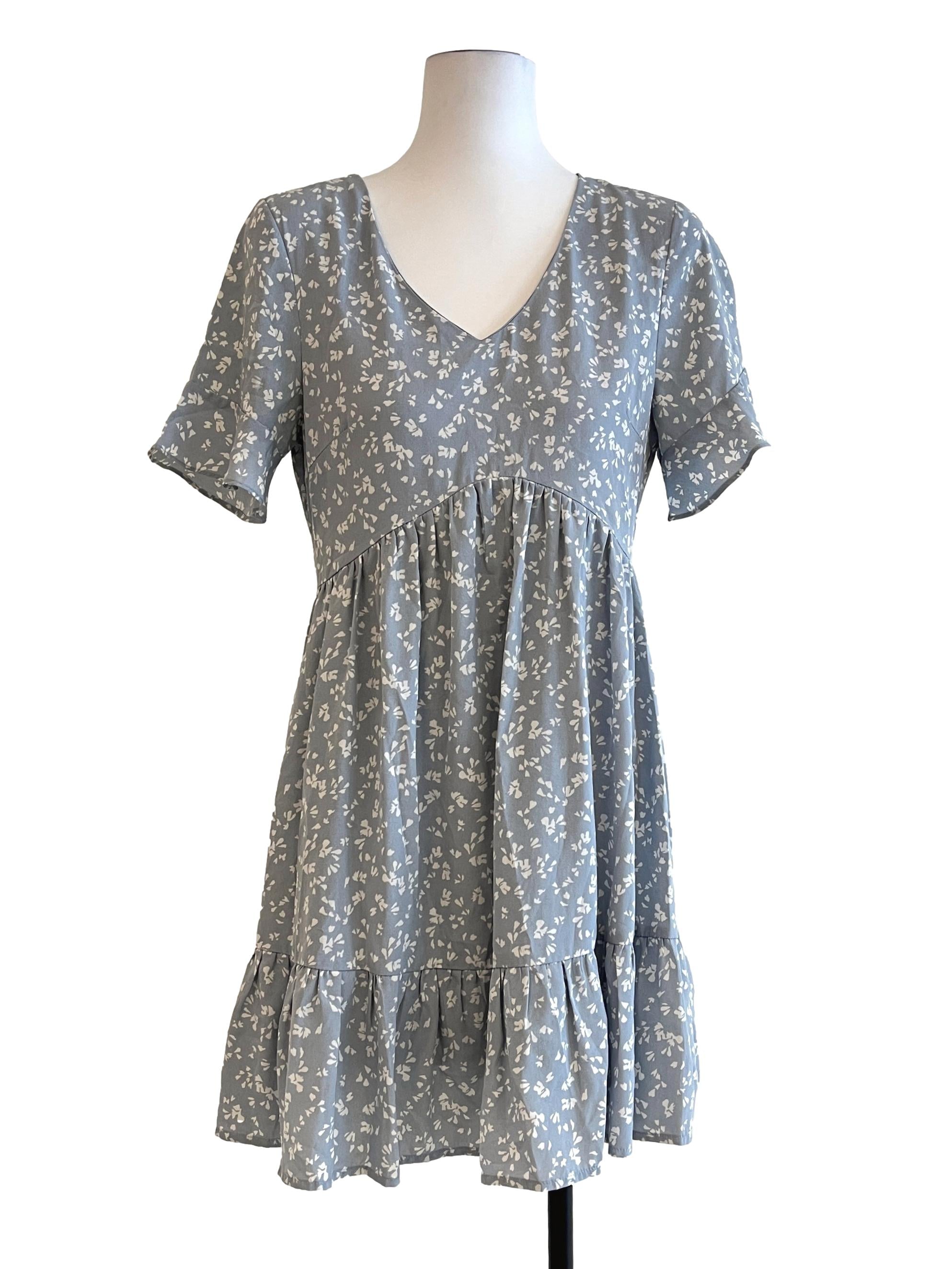 Teal Blue Floral Printed V-Neck Dress