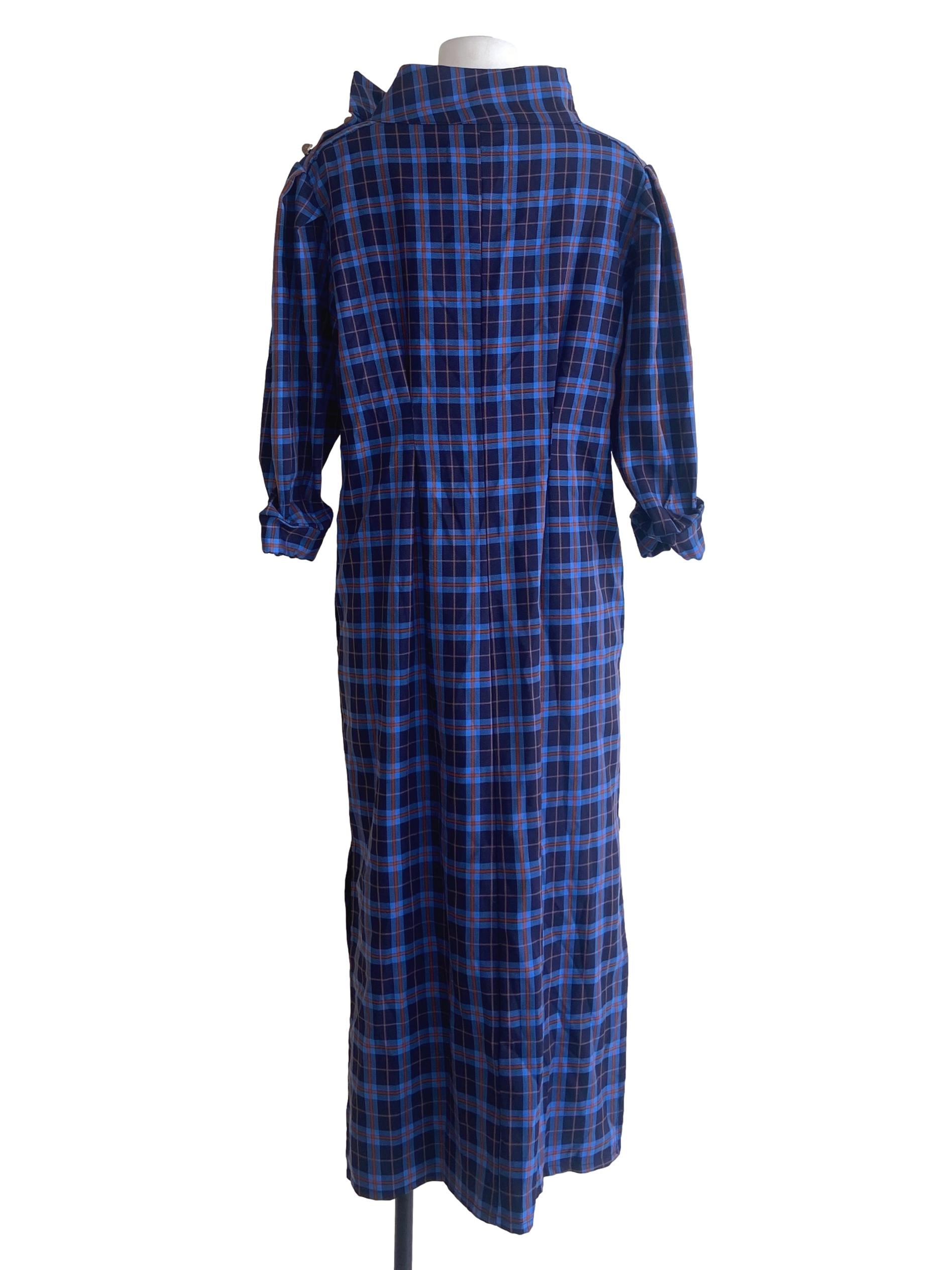Blue Tartan Slit Empire A-Line Dress